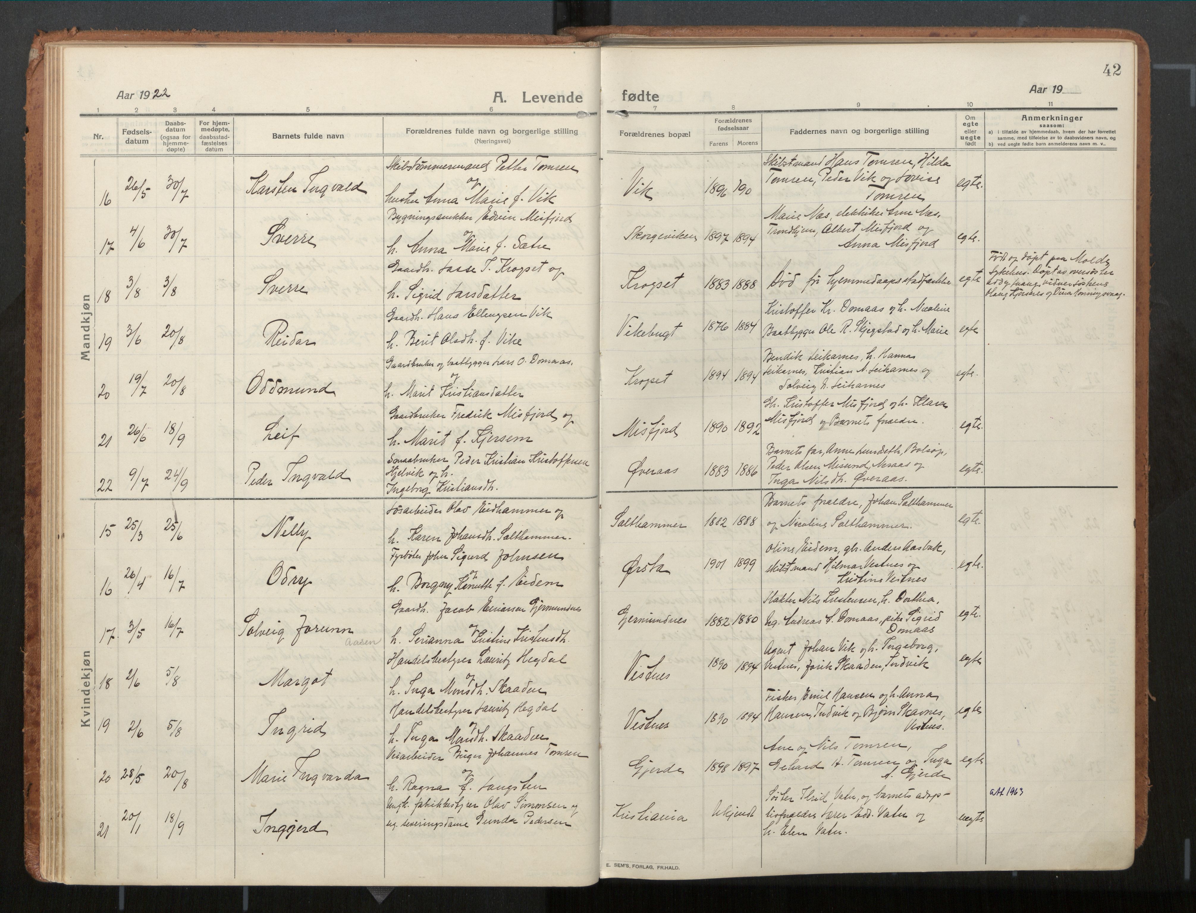 Ministerialprotokoller, klokkerbøker og fødselsregistre - Møre og Romsdal, AV/SAT-A-1454/539/L0534a: Parish register (official) no. 539A08, 1912-1935, p. 42