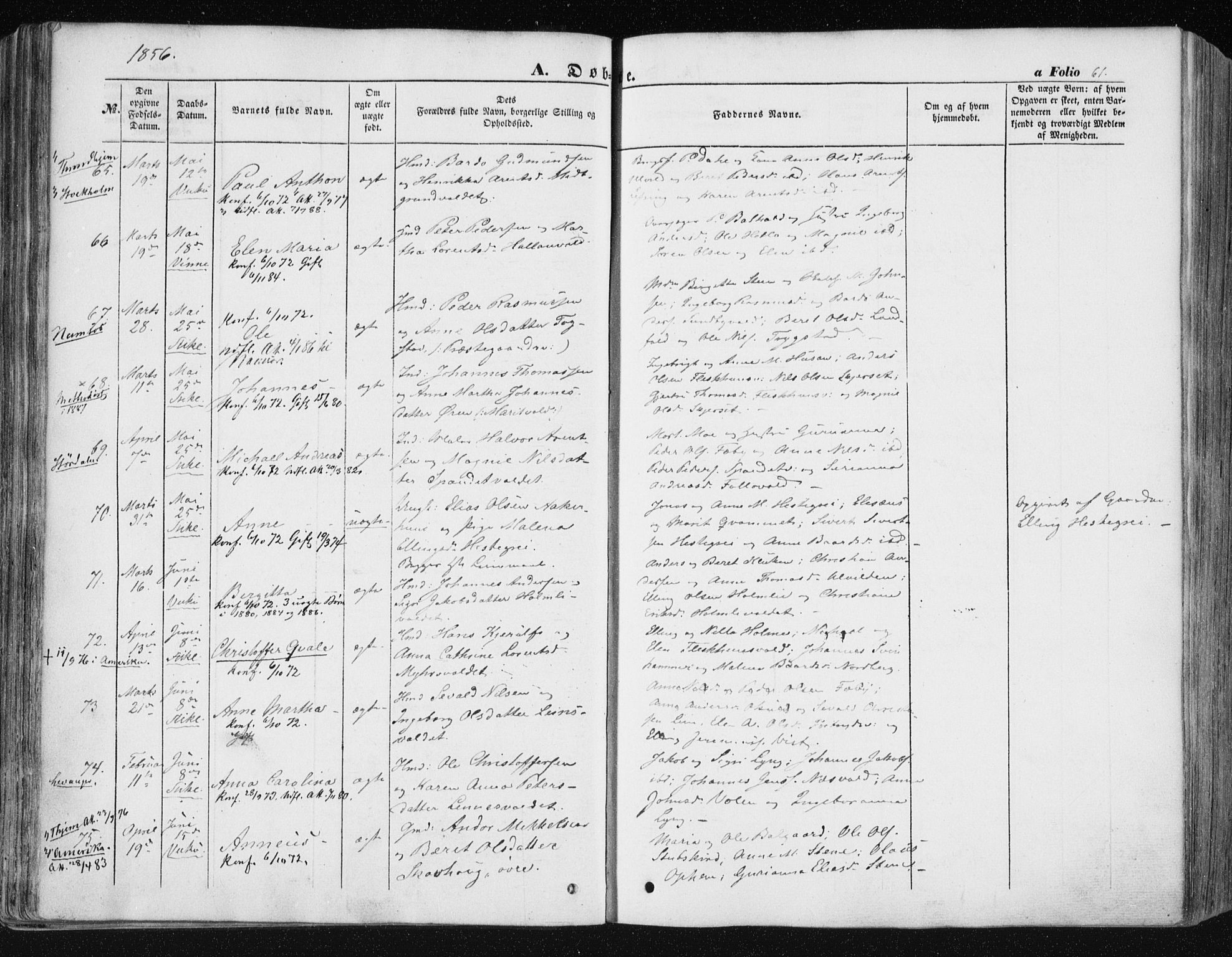 Ministerialprotokoller, klokkerbøker og fødselsregistre - Nord-Trøndelag, SAT/A-1458/723/L0240: Parish register (official) no. 723A09, 1852-1860, p. 61
