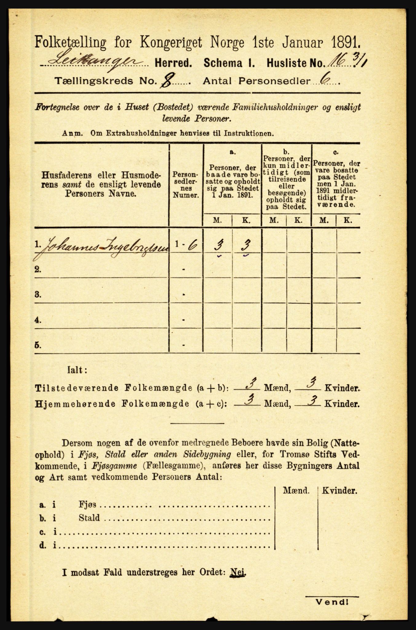 RA, 1891 census for 1419 Leikanger, 1891, p. 1575