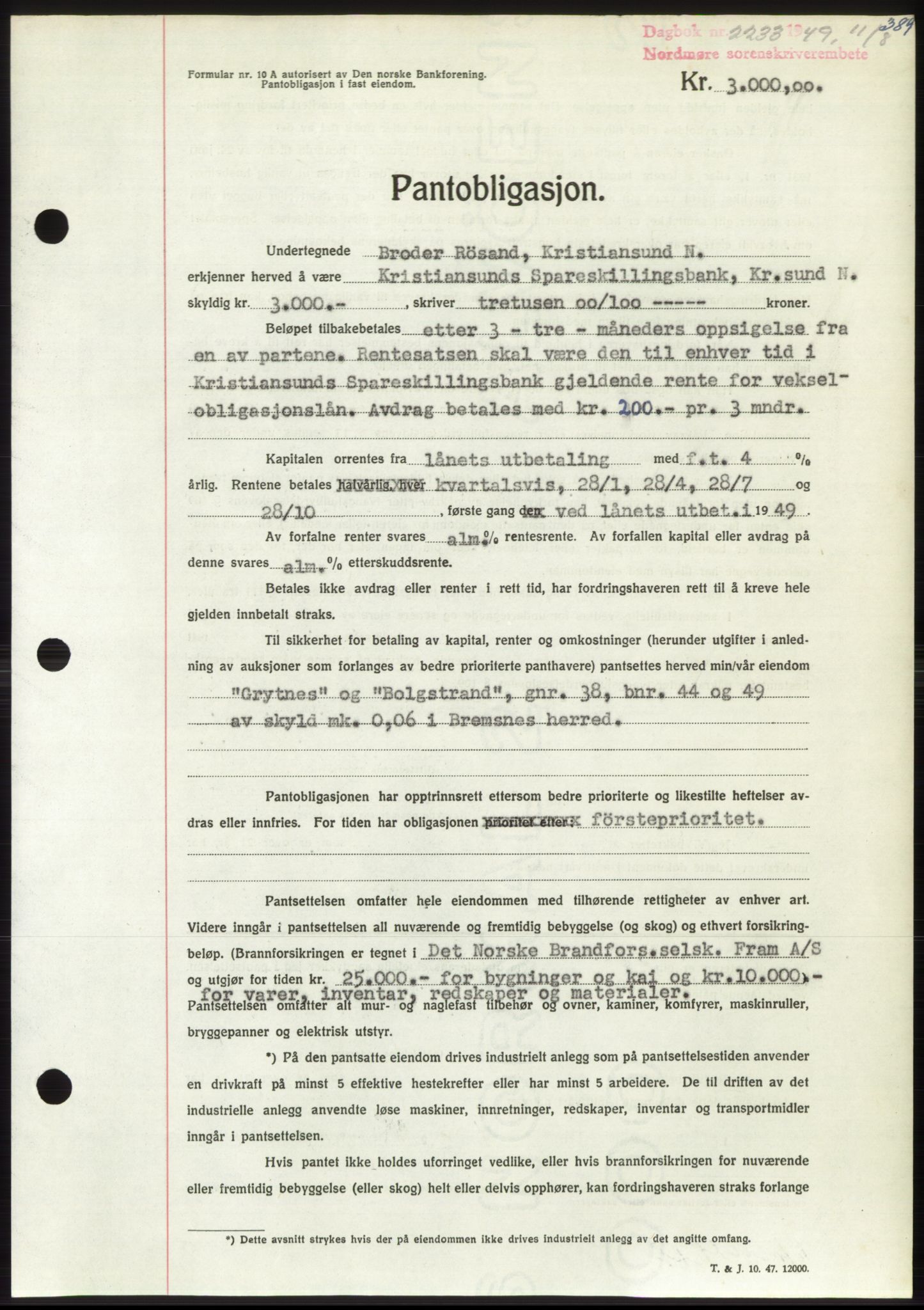 Nordmøre sorenskriveri, AV/SAT-A-4132/1/2/2Ca: Mortgage book no. B102, 1949-1949, Diary no: : 2233/1949