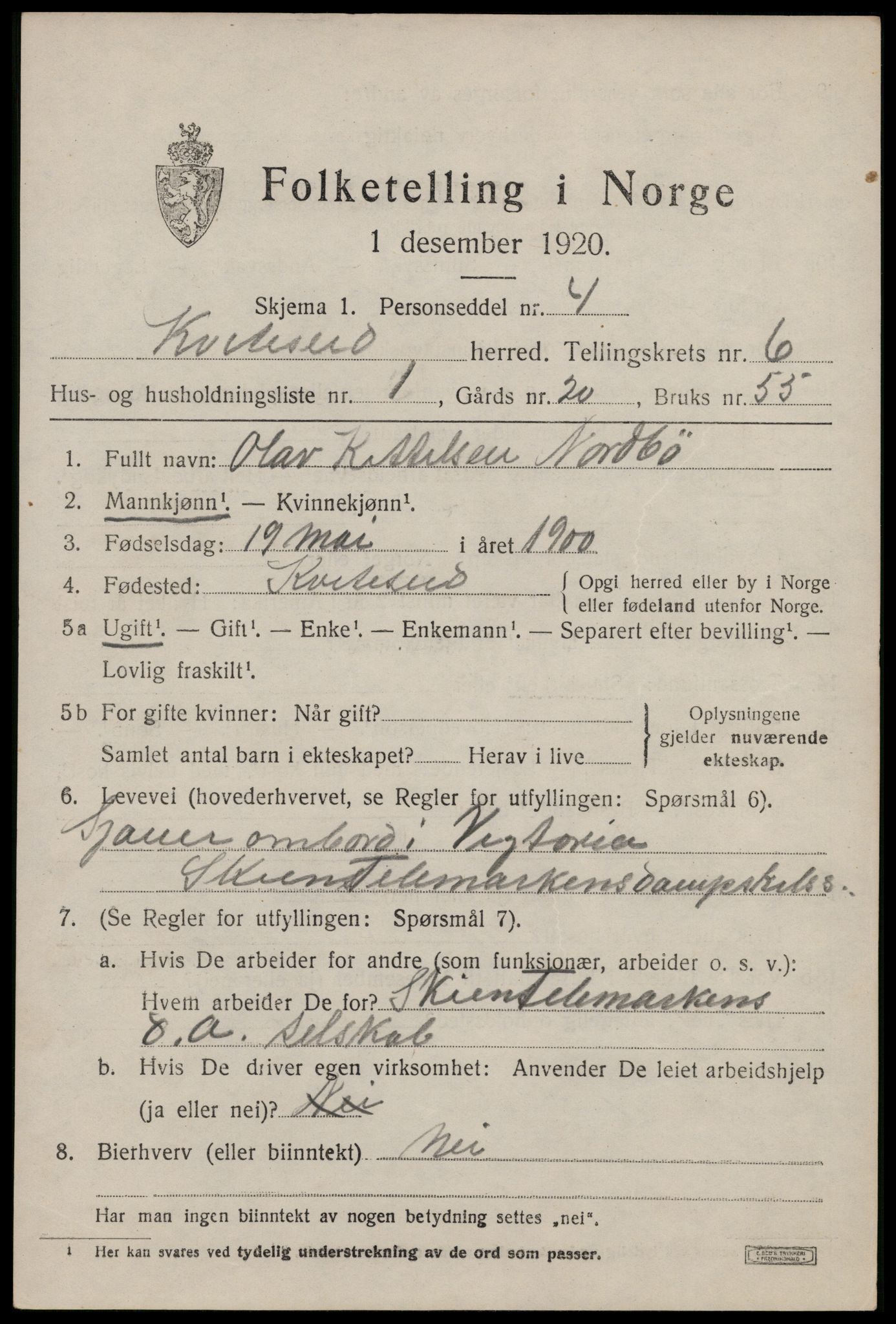 SAKO, 1920 census for Kviteseid, 1920, p. 3025