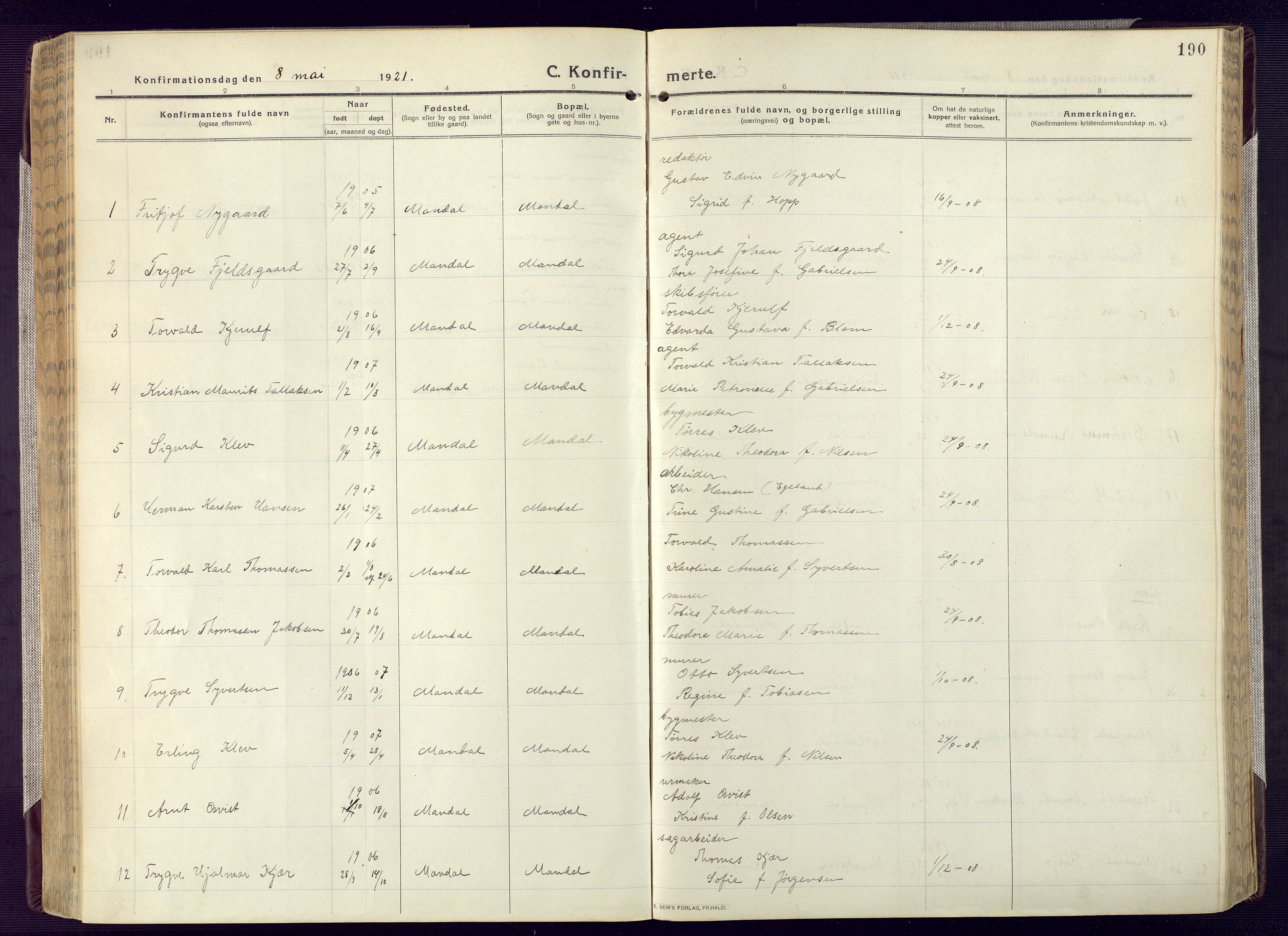 Mandal sokneprestkontor, SAK/1111-0030/F/Fa/Fac/L0001: Parish register (official) no. A 1, 1913-1925, p. 190