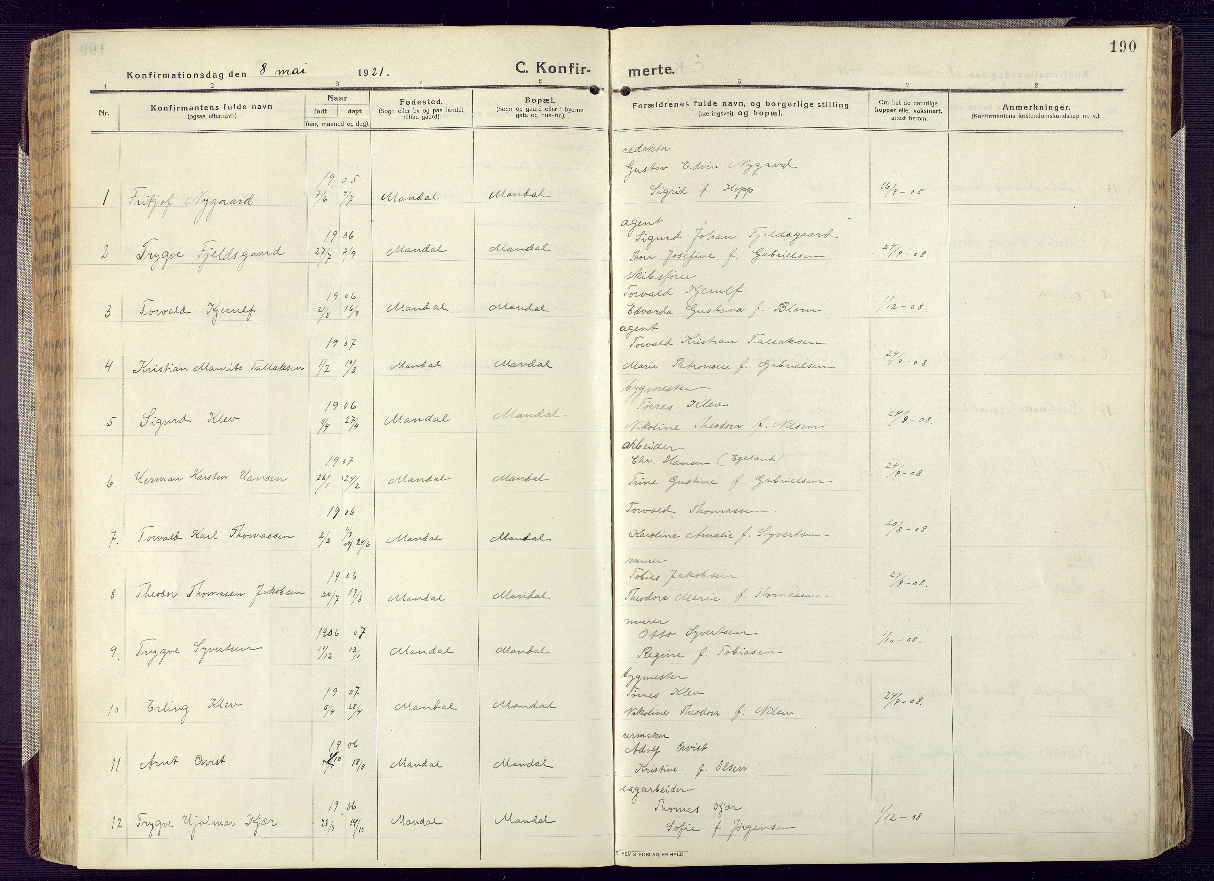 Mandal sokneprestkontor, AV/SAK-1111-0030/F/Fa/Fac/L0001: Parish register (official) no. A 1, 1913-1925, p. 190