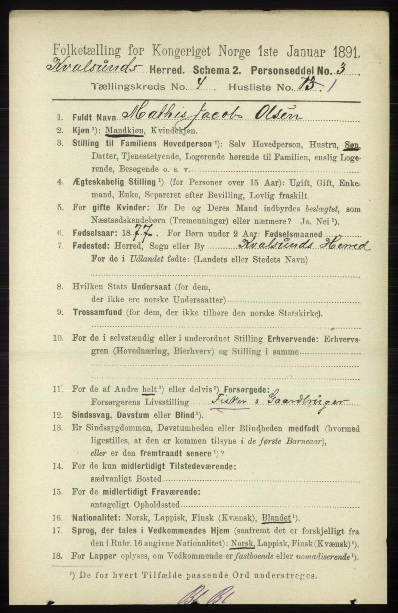 RA, 1891 census for 2017 Kvalsund, 1891, p. 186