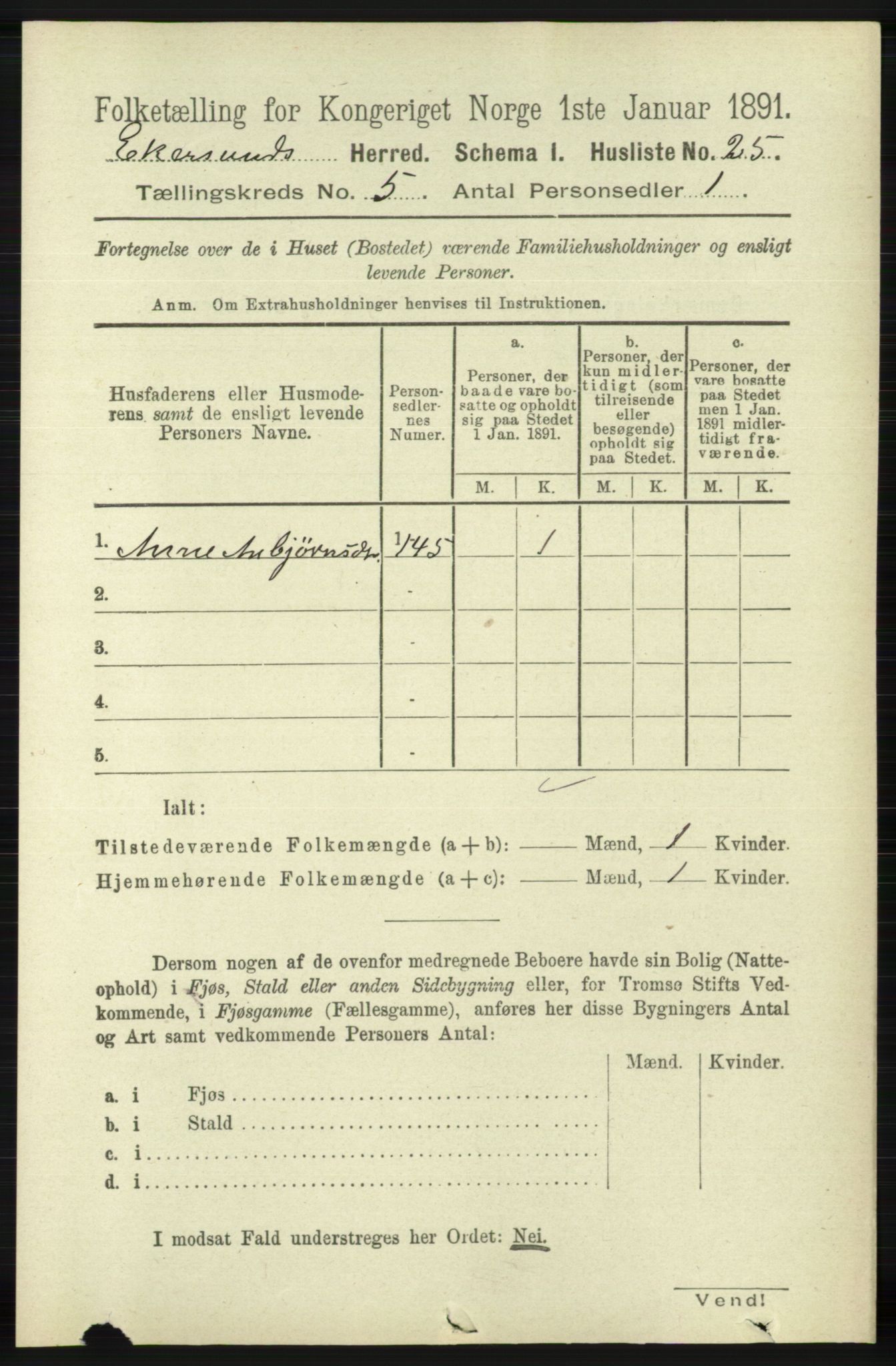 RA, 1891 census for 1116 Eigersund herred, 1891, p. 2041