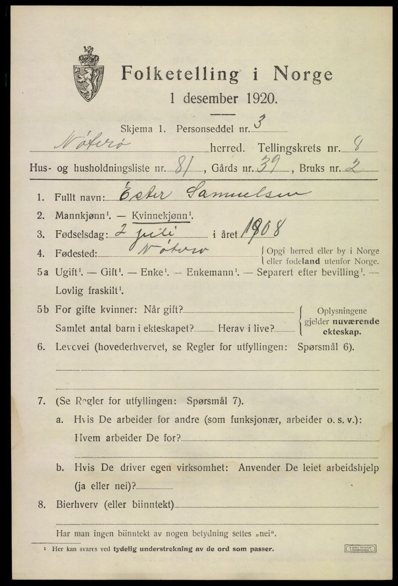 SAKO, 1920 census for Nøtterøy, 1920, p. 11131
