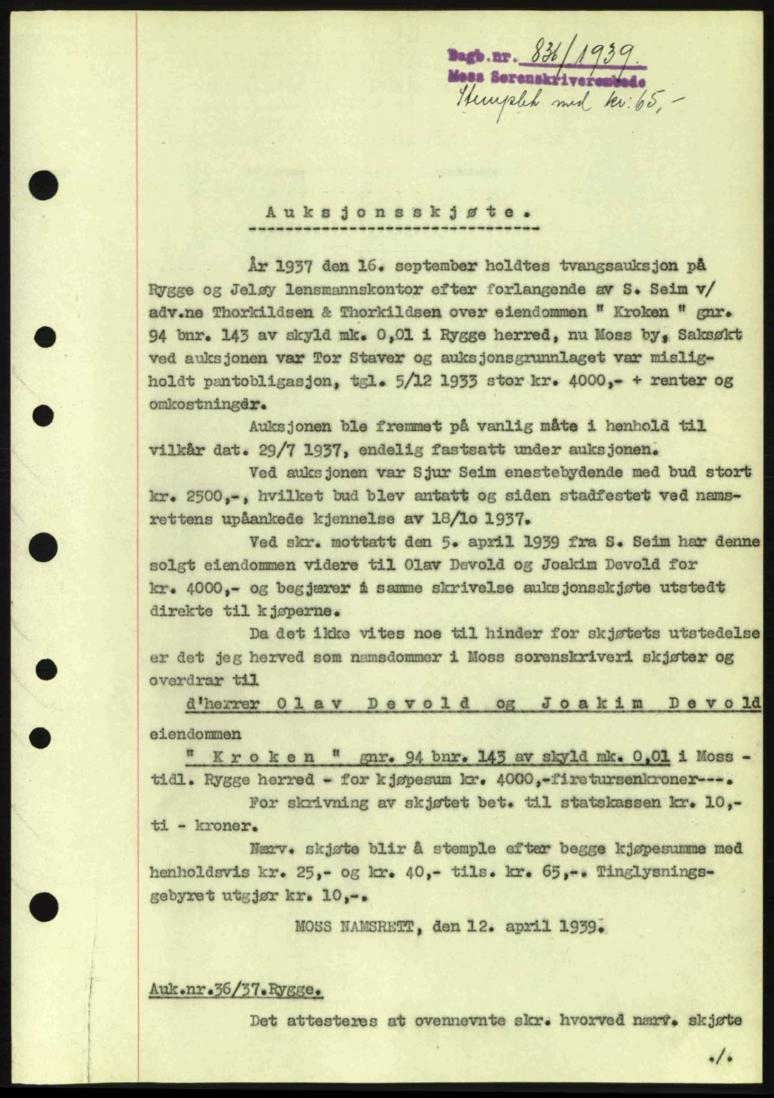 Moss sorenskriveri, SAO/A-10168: Mortgage book no. A5, 1938-1939, Diary no: : 836/1939