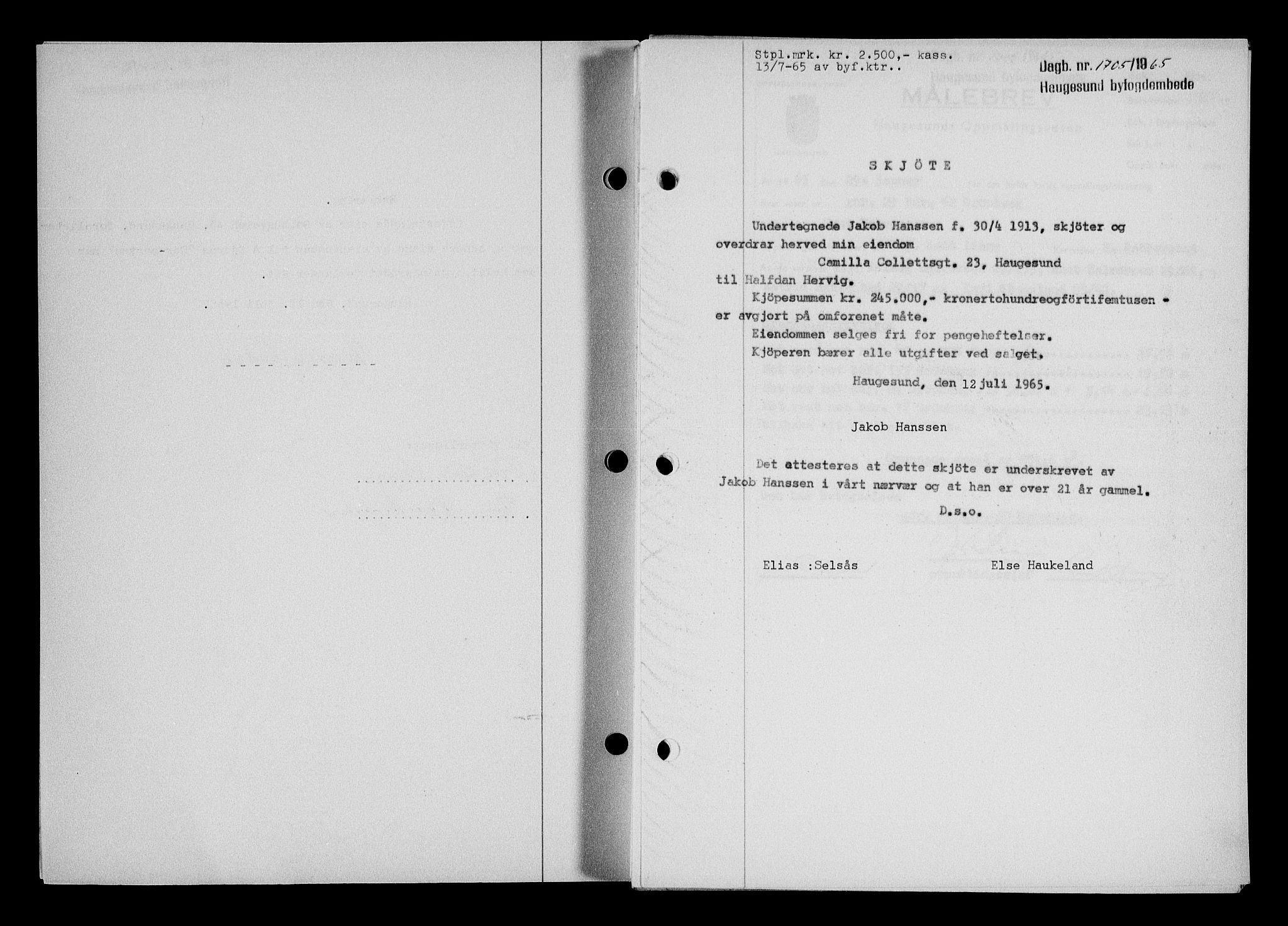 Haugesund tingrett, AV/SAST-A-101415/01/II/IIC/L0076: Mortgage book no. A 17, 1965-1966, Diary no: : 1705/1965