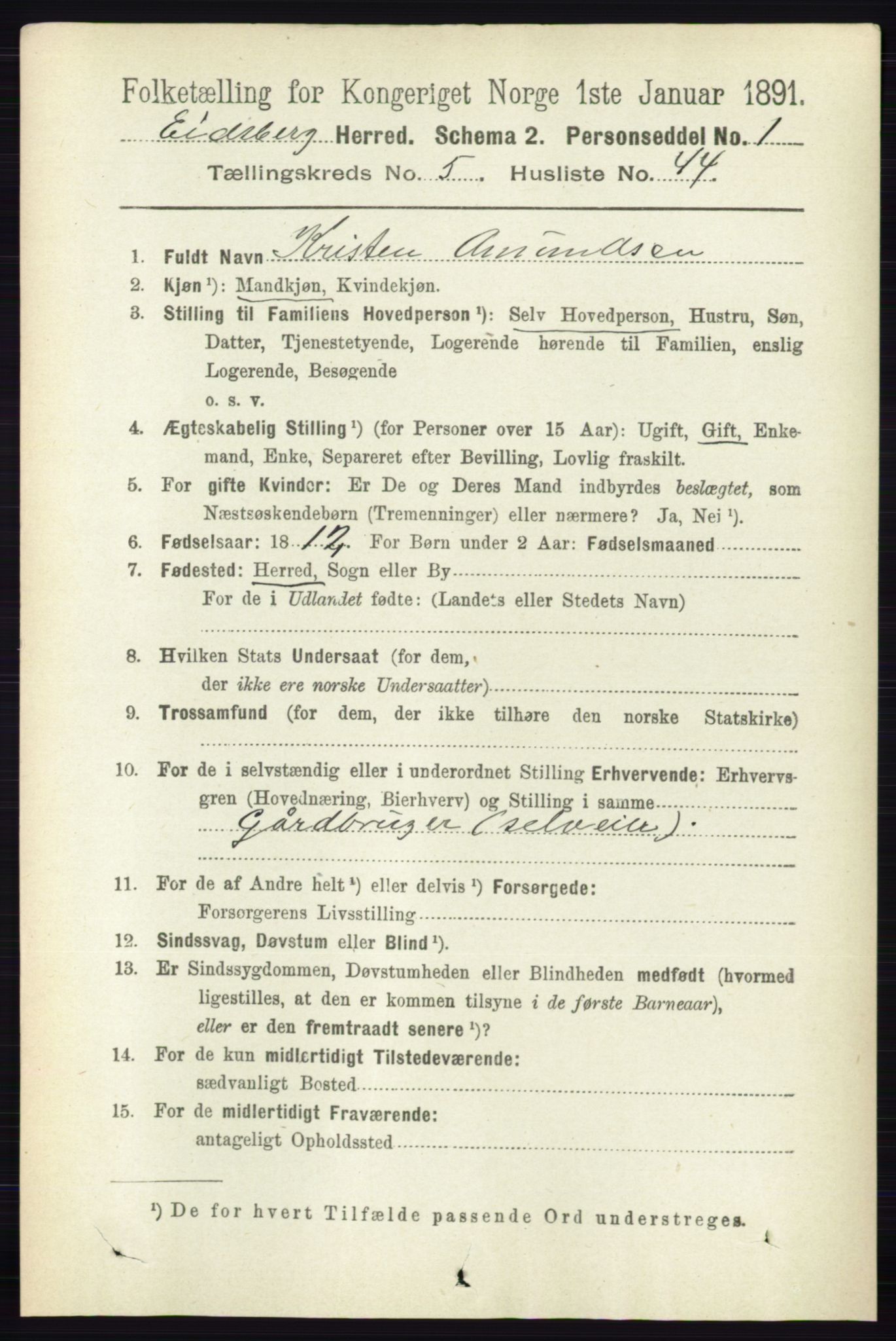 RA, 1891 census for 0125 Eidsberg, 1891, p. 3237