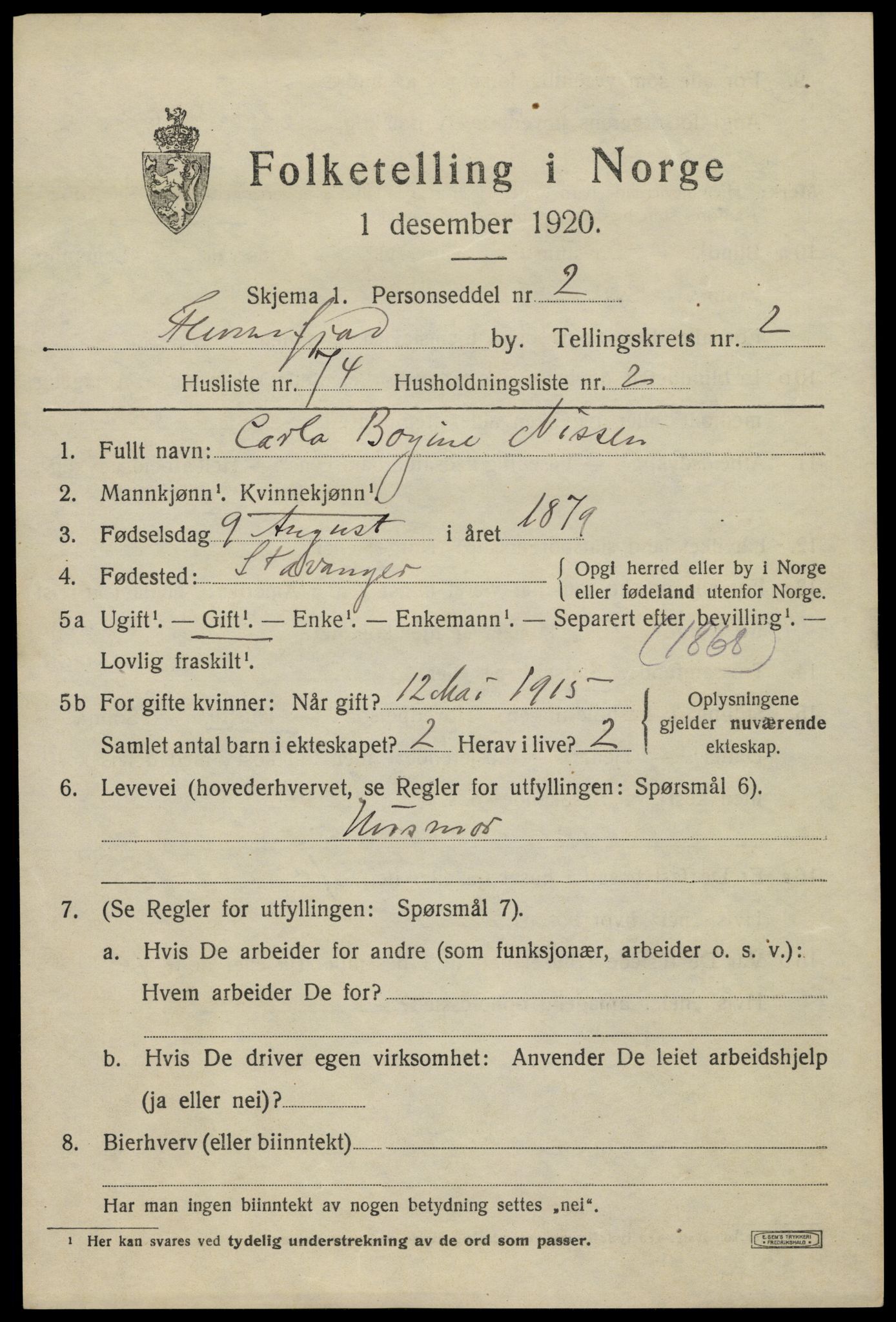 SAK, 1920 census for Flekkefjord, 1920, p. 3384