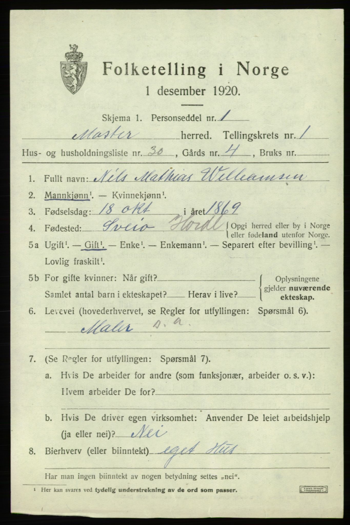 SAB, 1920 census for Moster, 1920, p. 807