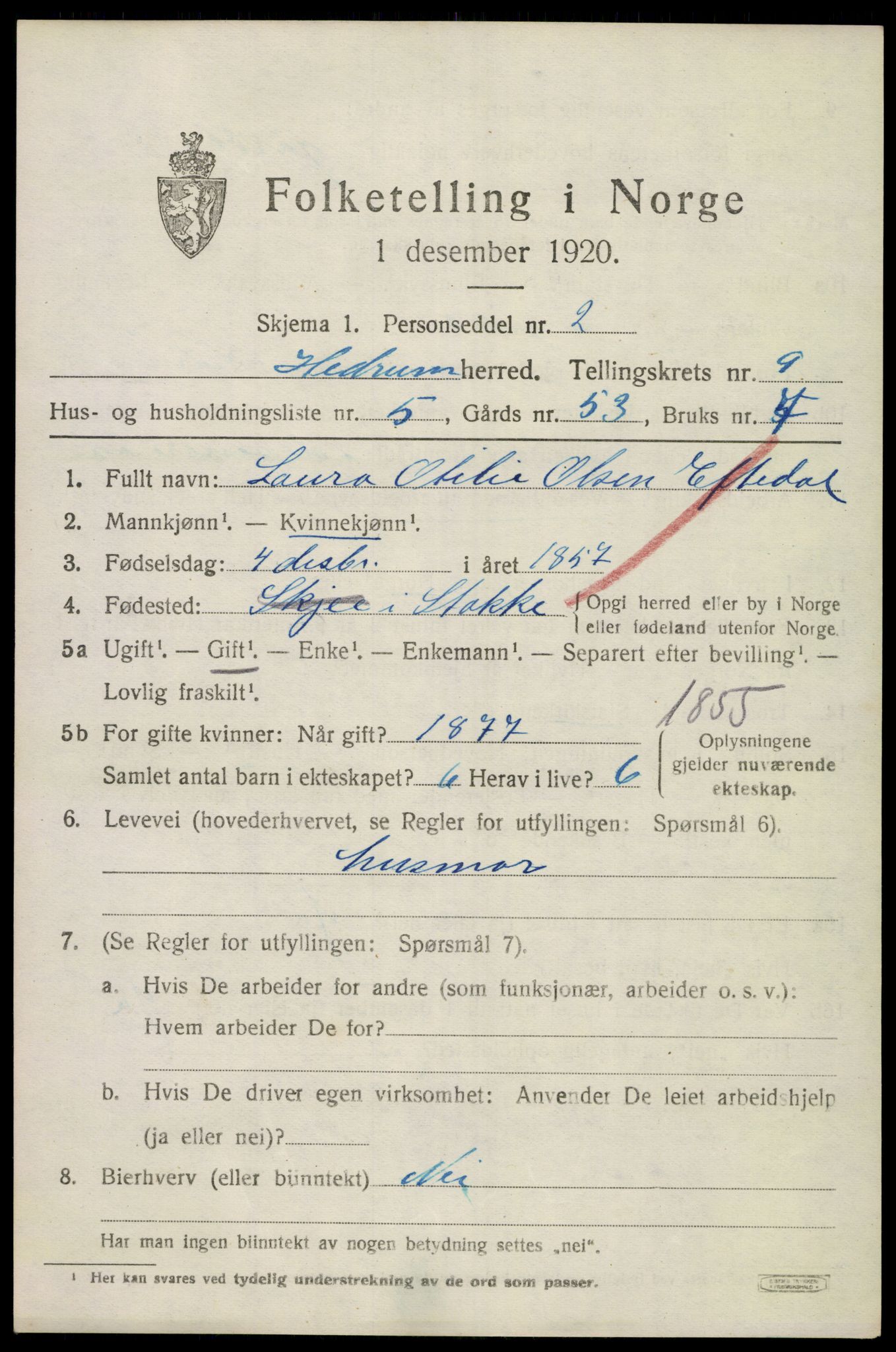 SAKO, 1920 census for Hedrum, 1920, p. 6839