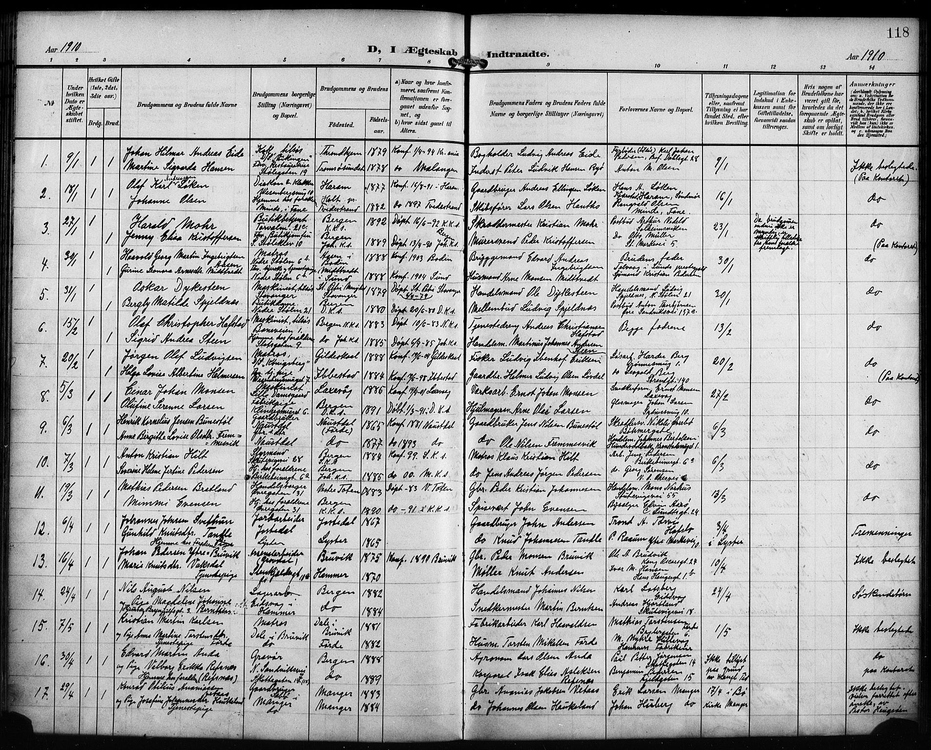 Mariakirken Sokneprestembete, SAB/A-76901/H/Hab/L0009: Parish register (copy) no. A 9, 1901-1919, p. 118