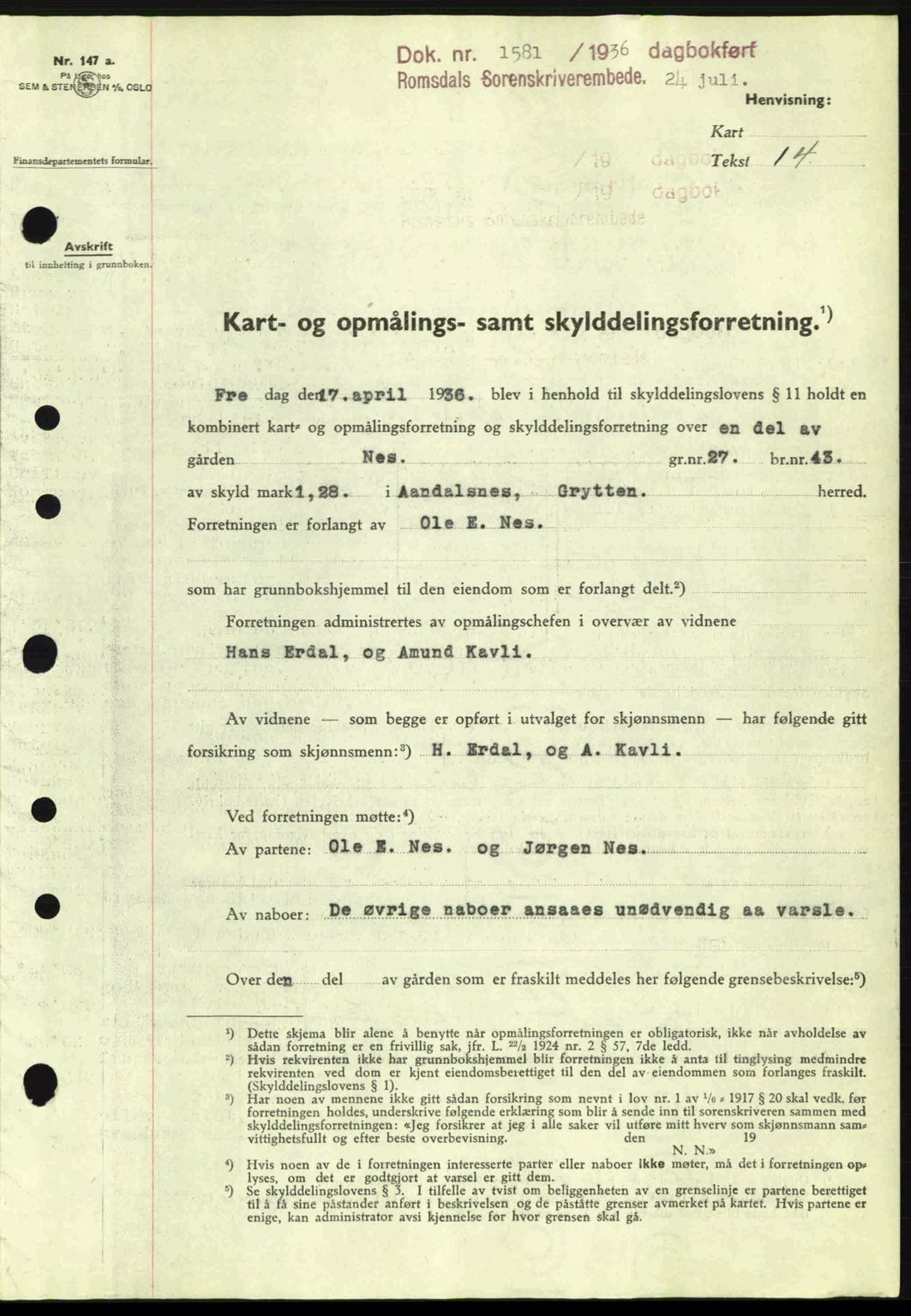 Romsdal sorenskriveri, AV/SAT-A-4149/1/2/2C: Mortgage book no. A1, 1936-1936, Diary no: : 1581/1936