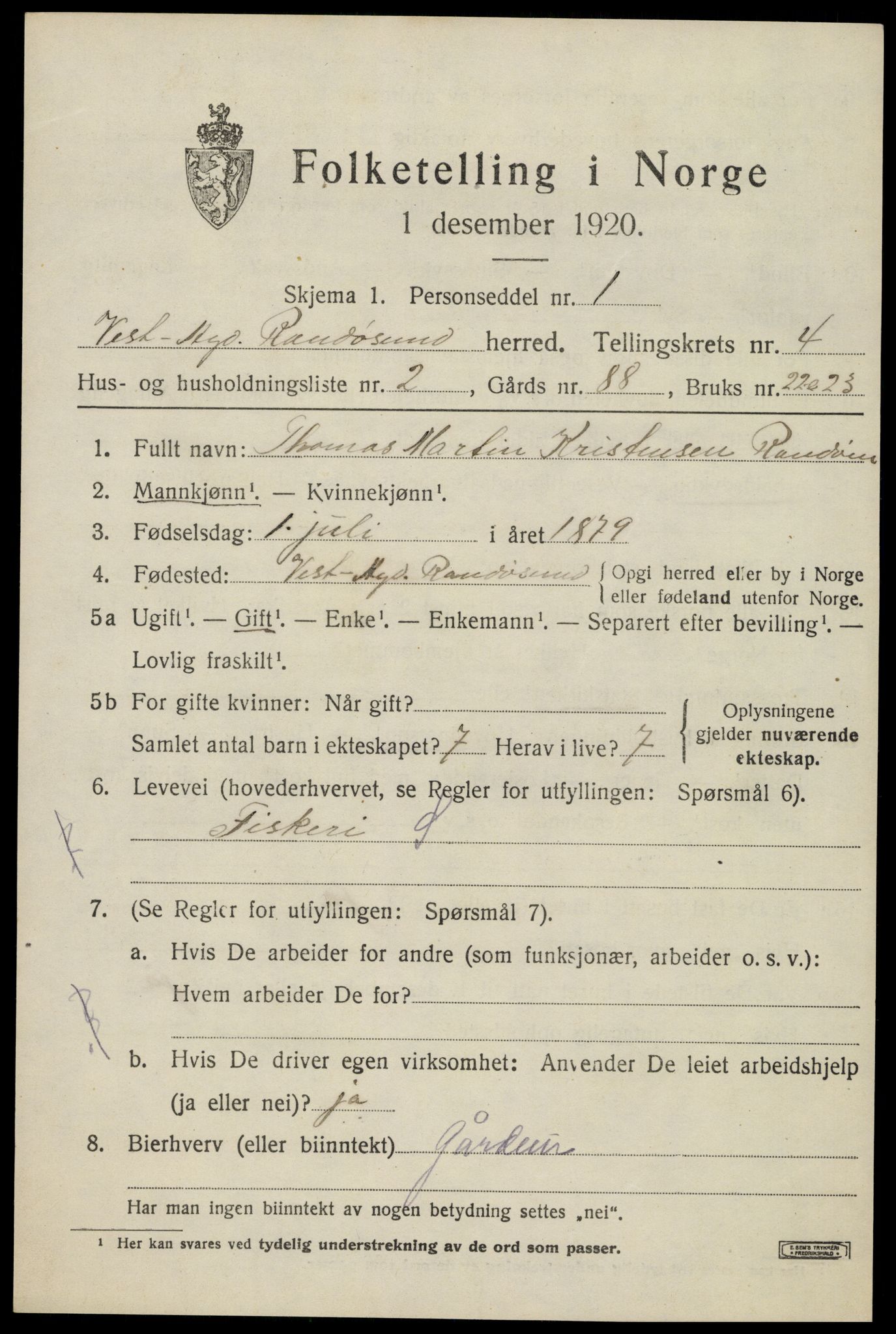 SAK, 1920 census for Randesund, 1920, p. 1796
