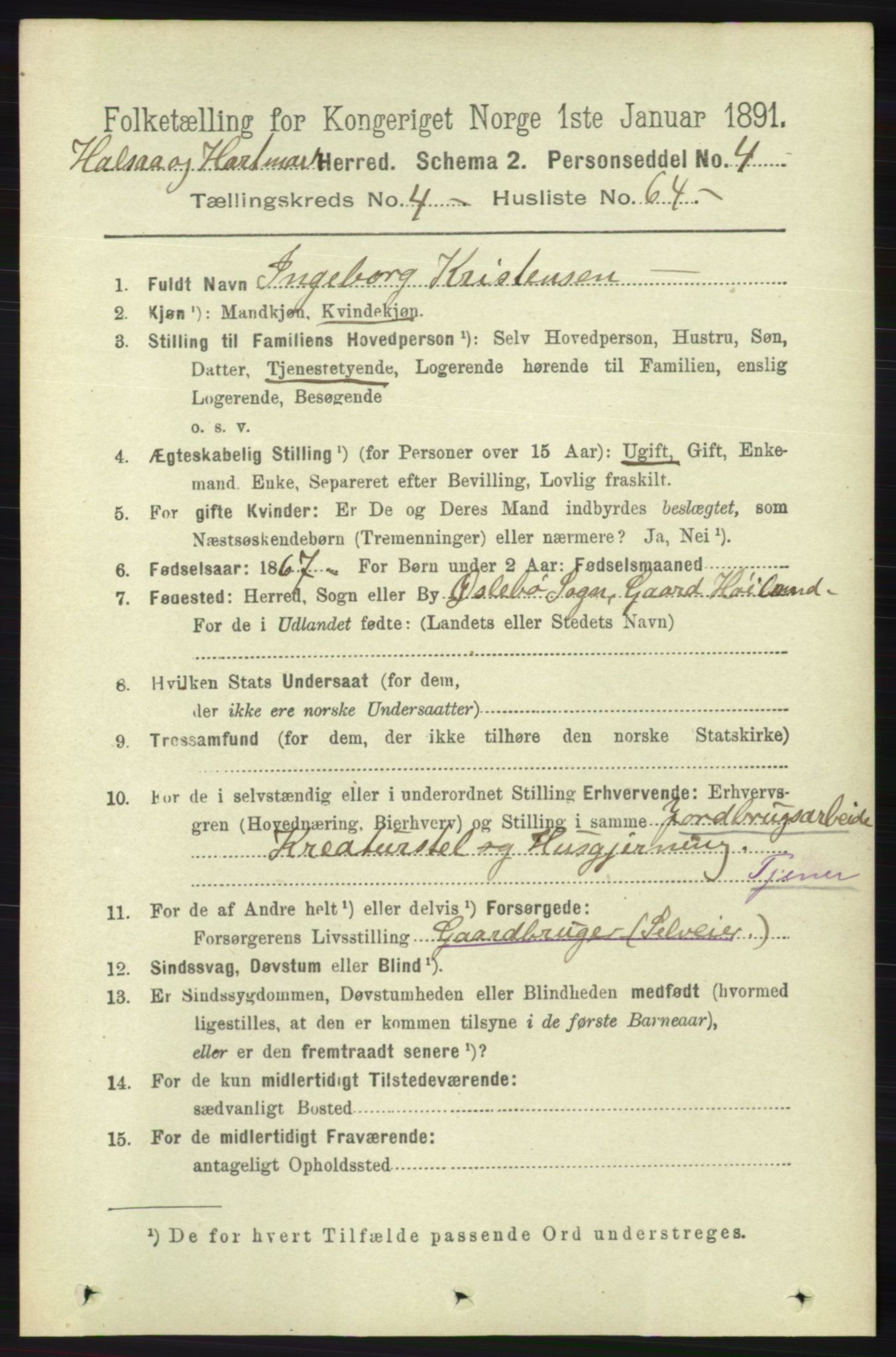 RA, 1891 census for 1019 Halse og Harkmark, 1891, p. 1839