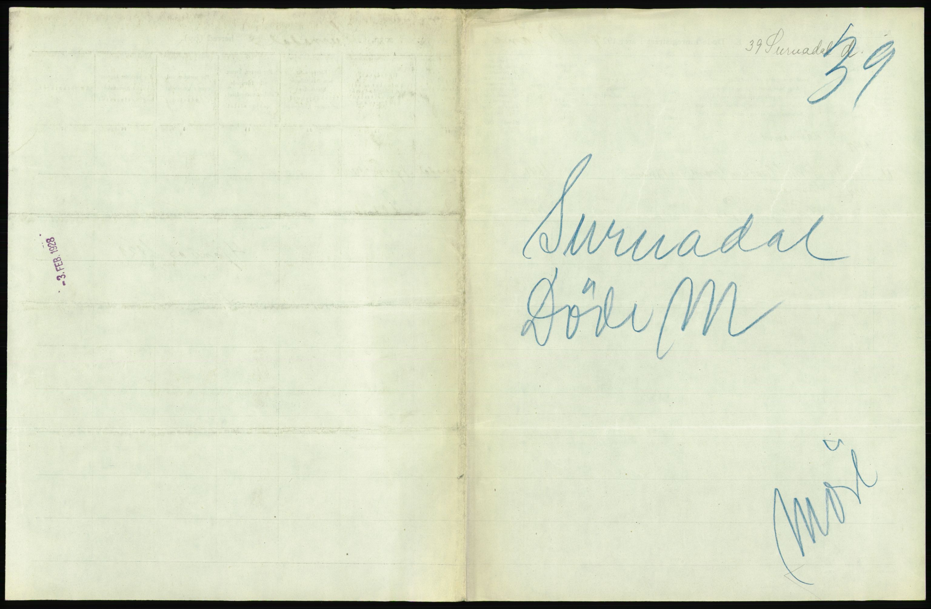 Statistisk sentralbyrå, Sosiodemografiske emner, Befolkning, AV/RA-S-2228/D/Df/Dfc/Dfcg/L0034: Møre fylke: Døde. Bygder og byer., 1927, p. 327