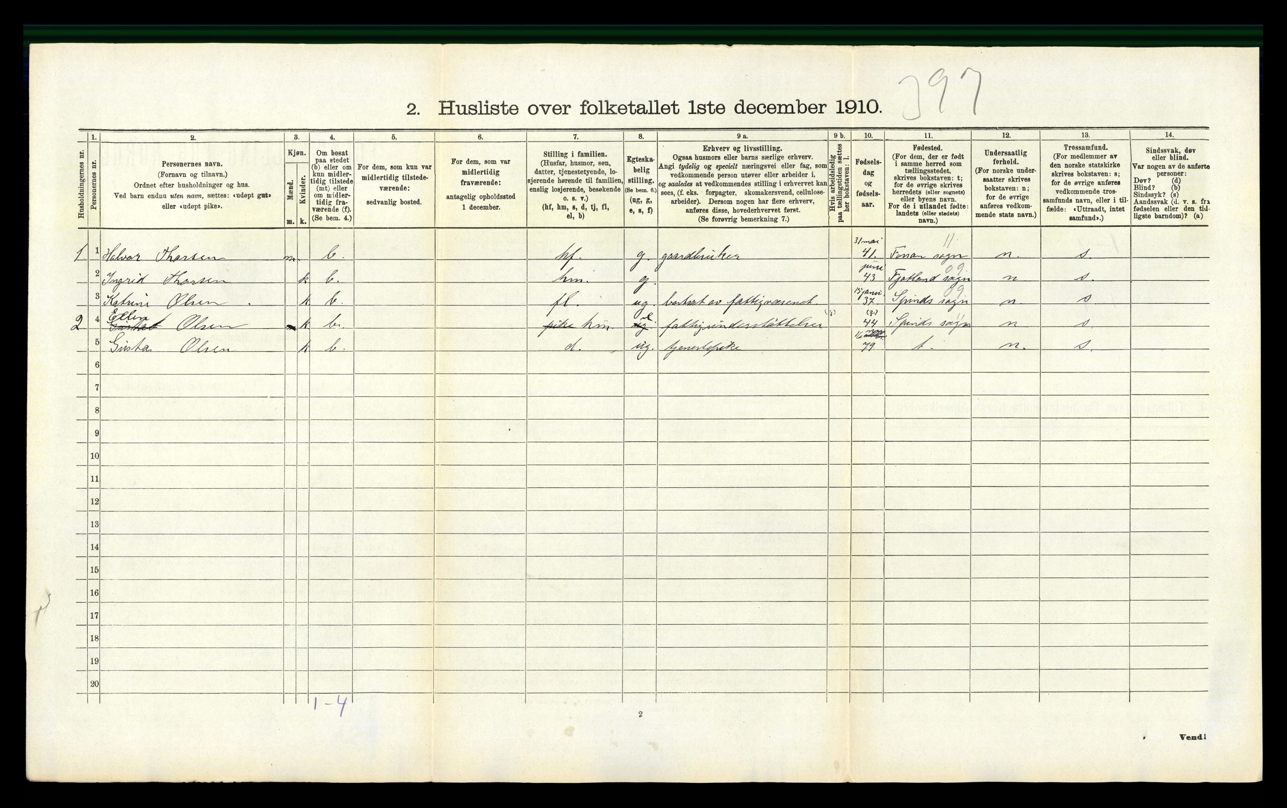 RA, 1910 census for Vanse, 1910, p. 282