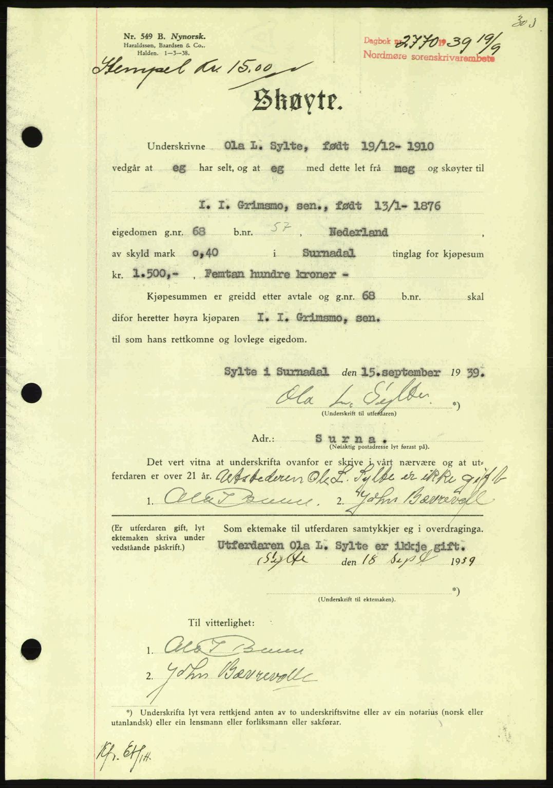 Nordmøre sorenskriveri, AV/SAT-A-4132/1/2/2Ca: Mortgage book no. A87, 1939-1940, Diary no: : 2770/1939