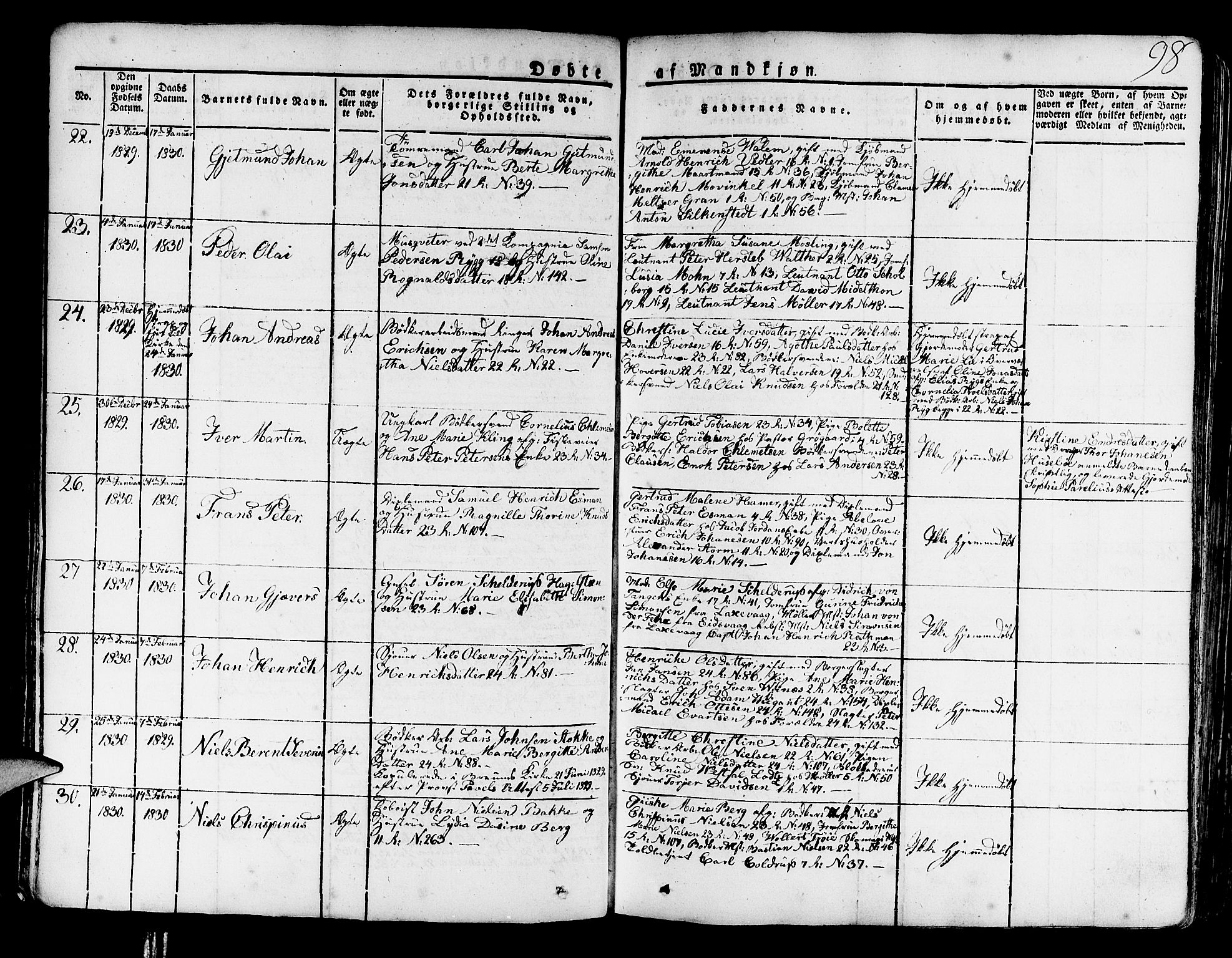 Korskirken sokneprestembete, AV/SAB-A-76101/H/Haa/L0014: Parish register (official) no. A 14, 1823-1835, p. 98