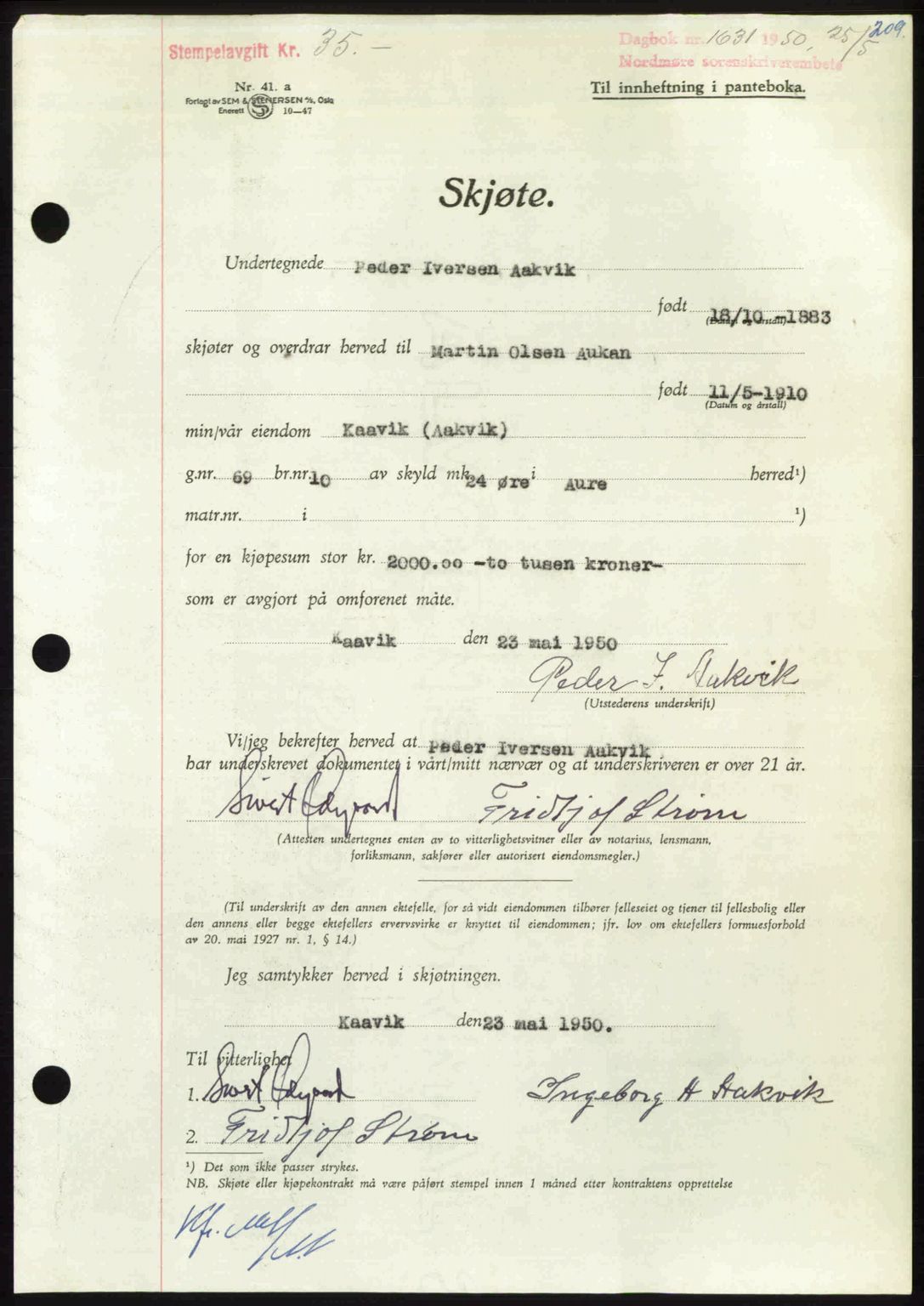 Nordmøre sorenskriveri, AV/SAT-A-4132/1/2/2Ca: Mortgage book no. A115, 1950-1950, Diary no: : 1631/1950