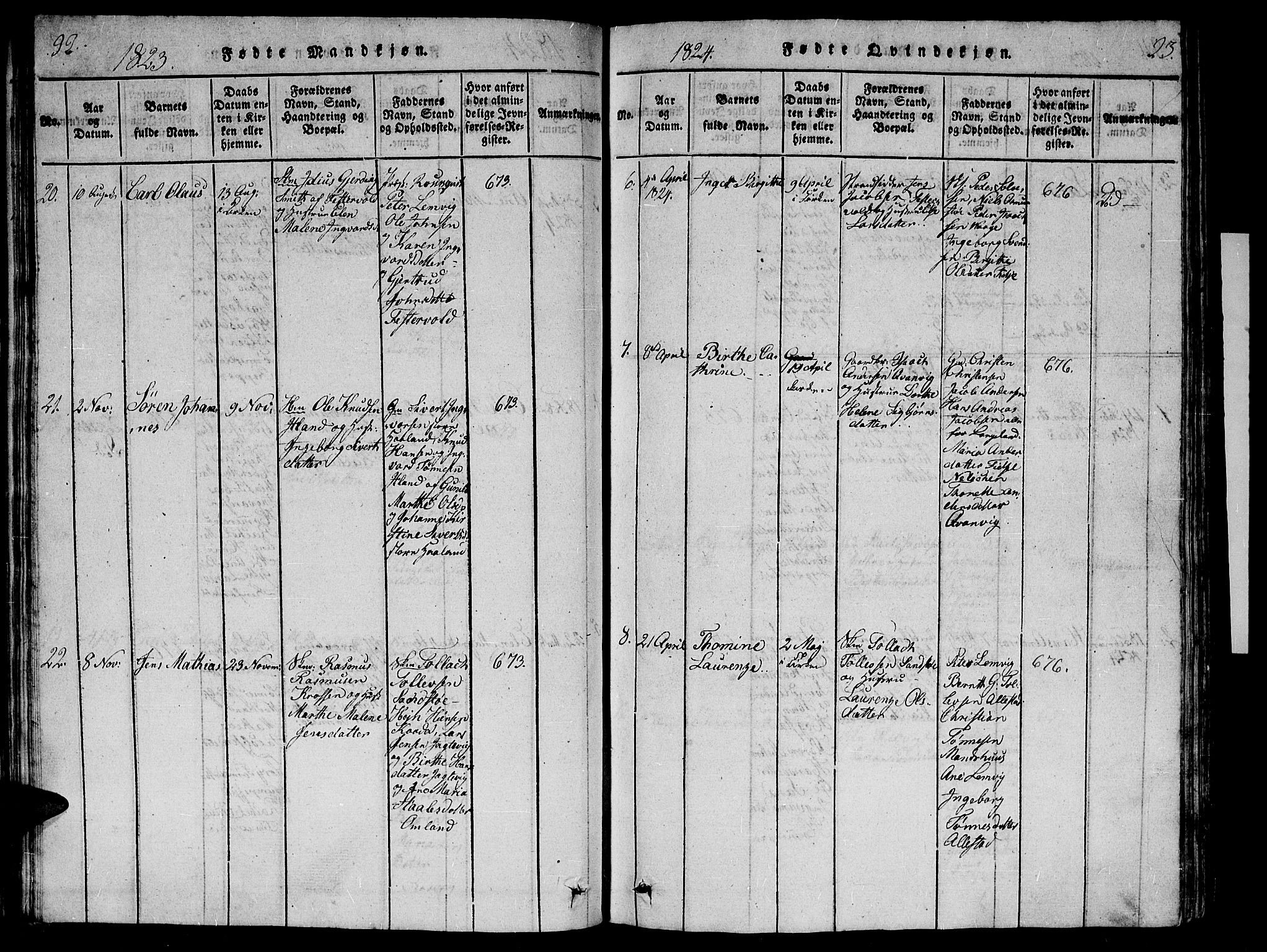 Flekkefjord sokneprestkontor, SAK/1111-0012/F/Fb/Fbb/L0001: Parish register (copy) no. B 1, 1815-1830, p. 92-93