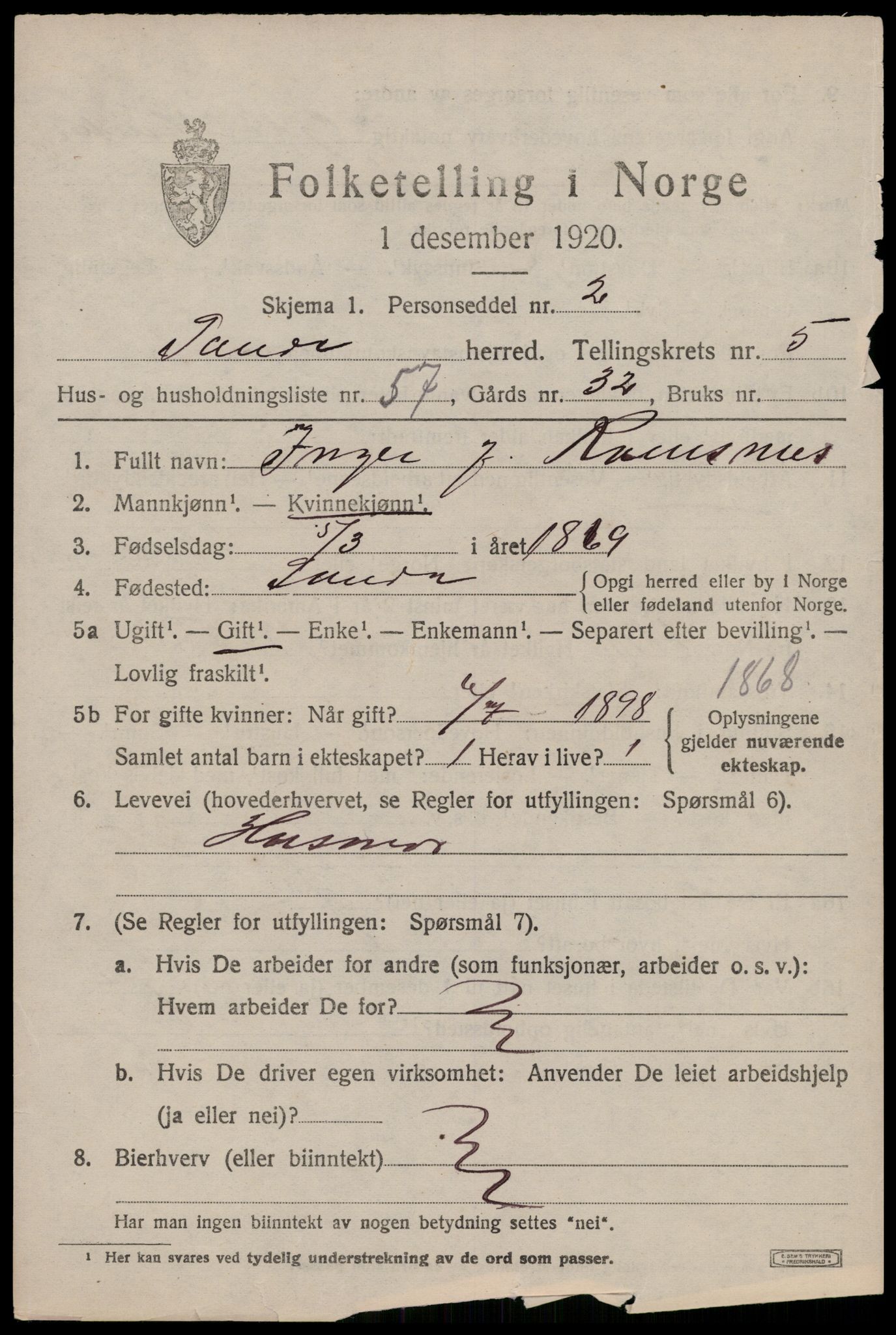 SAST, 1920 census for Sauda, 1920, p. 3712