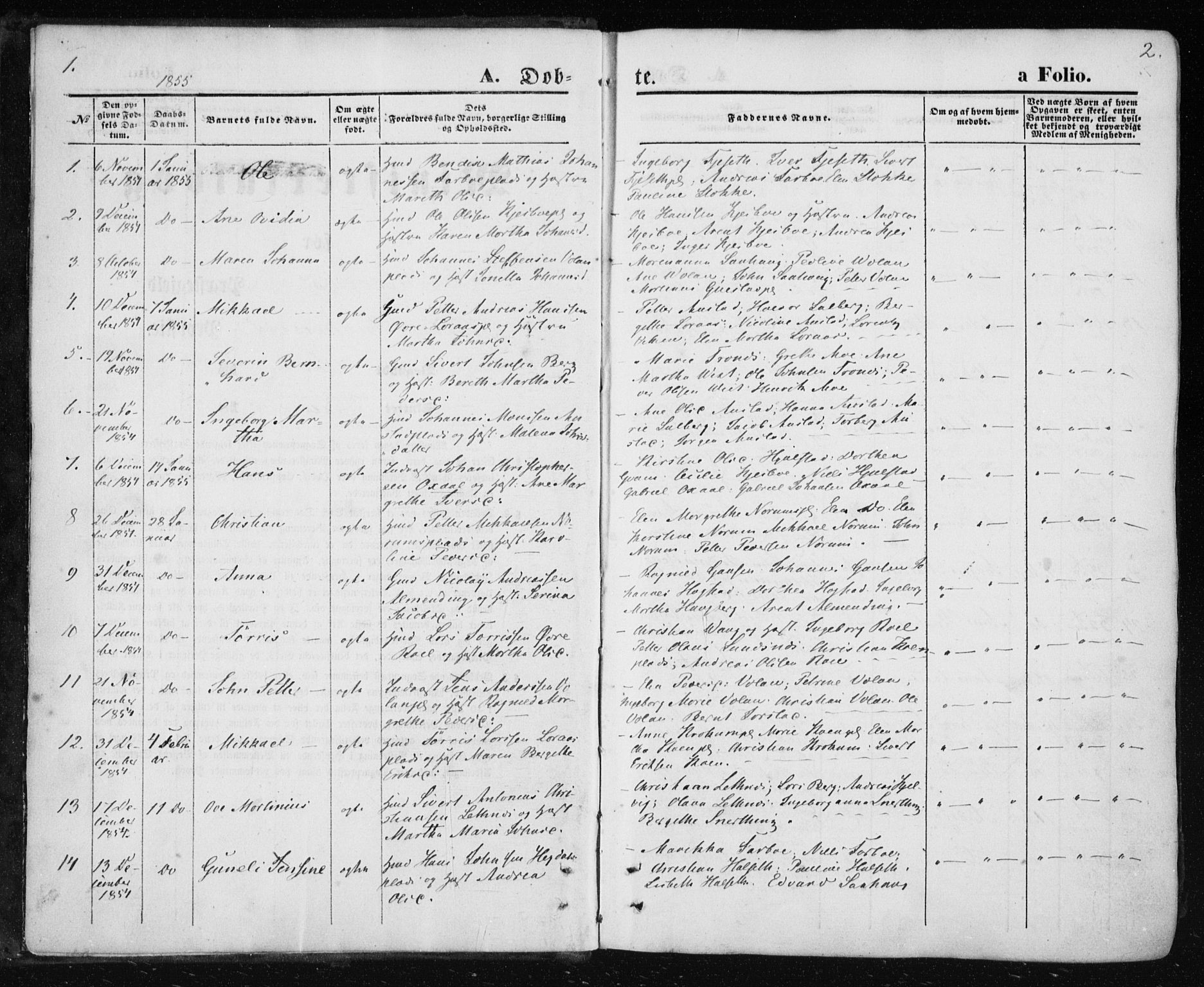 Ministerialprotokoller, klokkerbøker og fødselsregistre - Nord-Trøndelag, SAT/A-1458/730/L0283: Parish register (official) no. 730A08, 1855-1865, p. 1-2