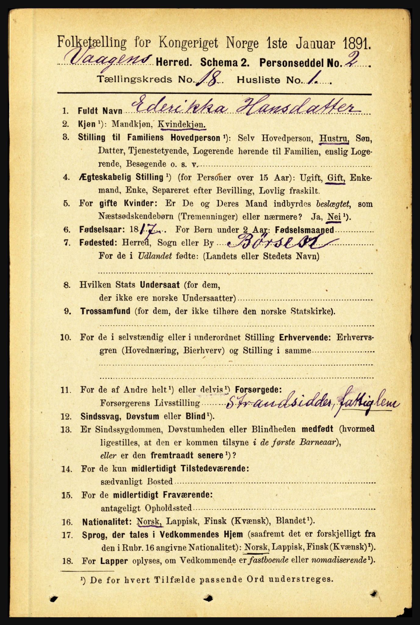 RA, 1891 census for 1865 Vågan, 1891, p. 5124