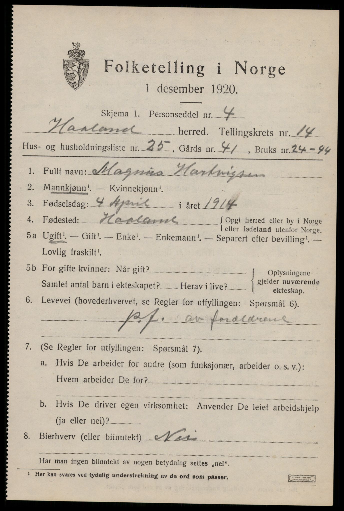 SAST, 1920 census for Håland, 1920, p. 10247