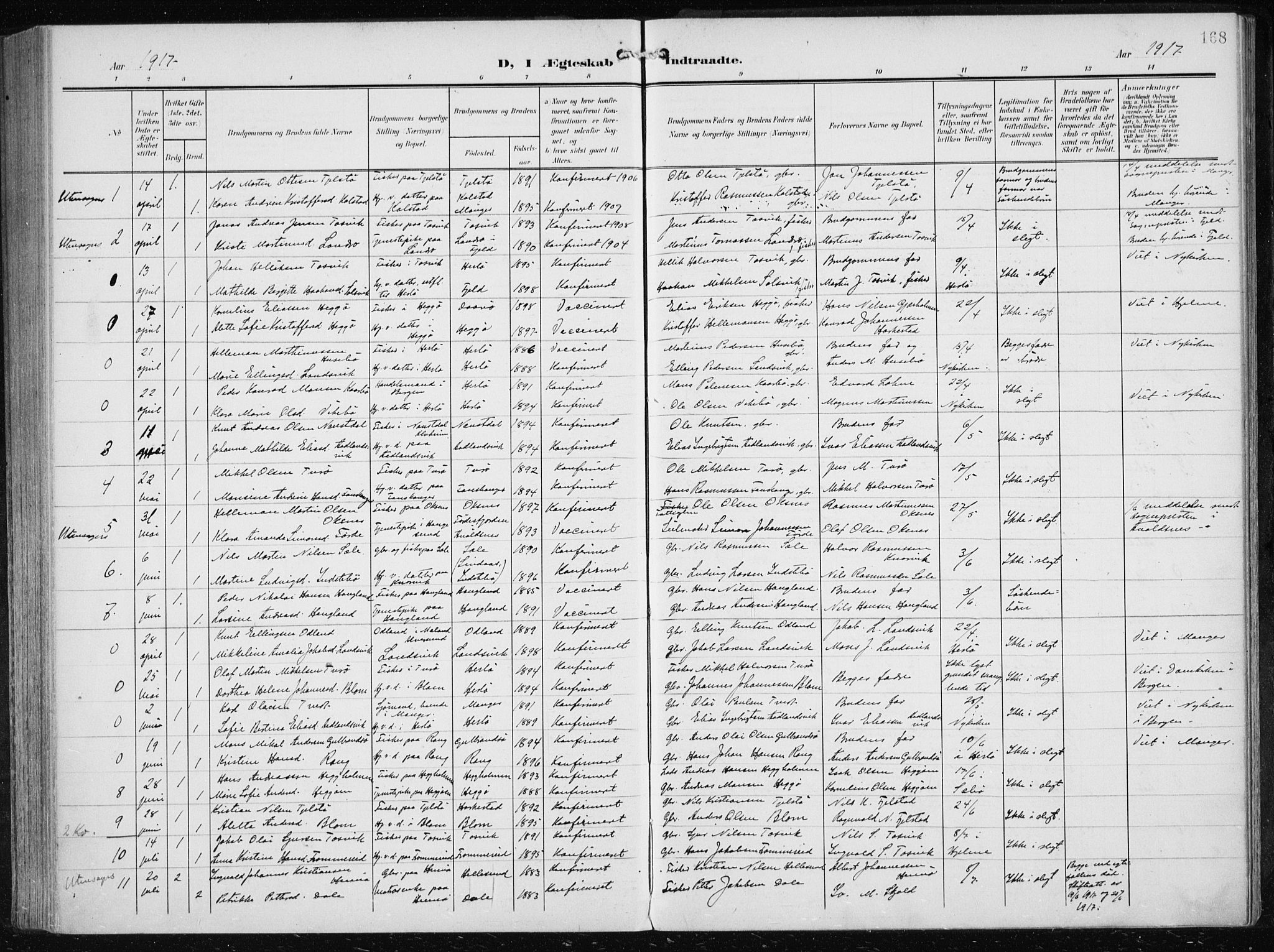 Herdla Sokneprestembete, SAB/A-75701/H/Haa: Parish register (official) no. A 5, 1905-1918, p. 168