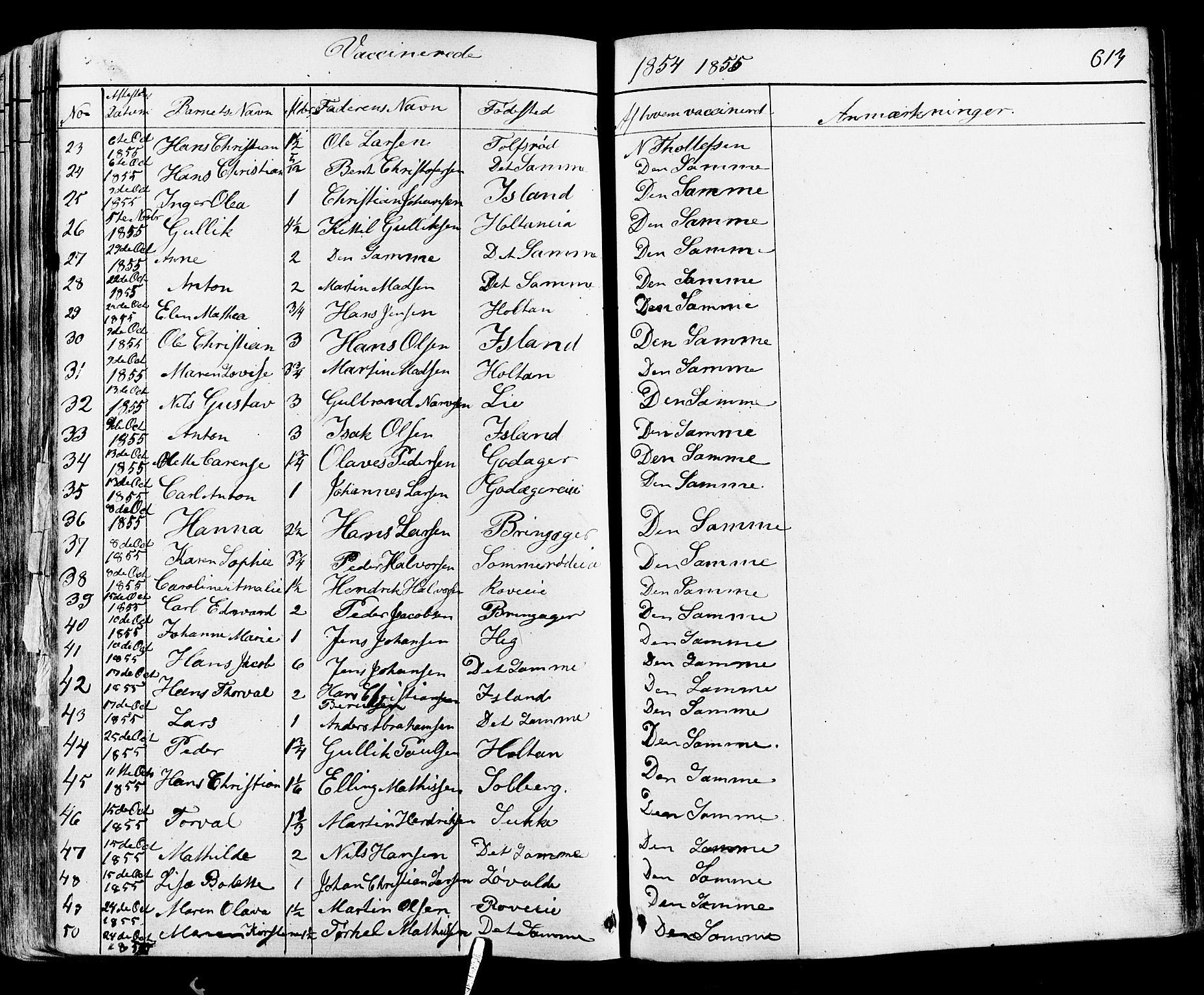 Botne kirkebøker, AV/SAKO-A-340/F/Fa/L0006: Parish register (official) no. I 6, 1836-1877, p. 613