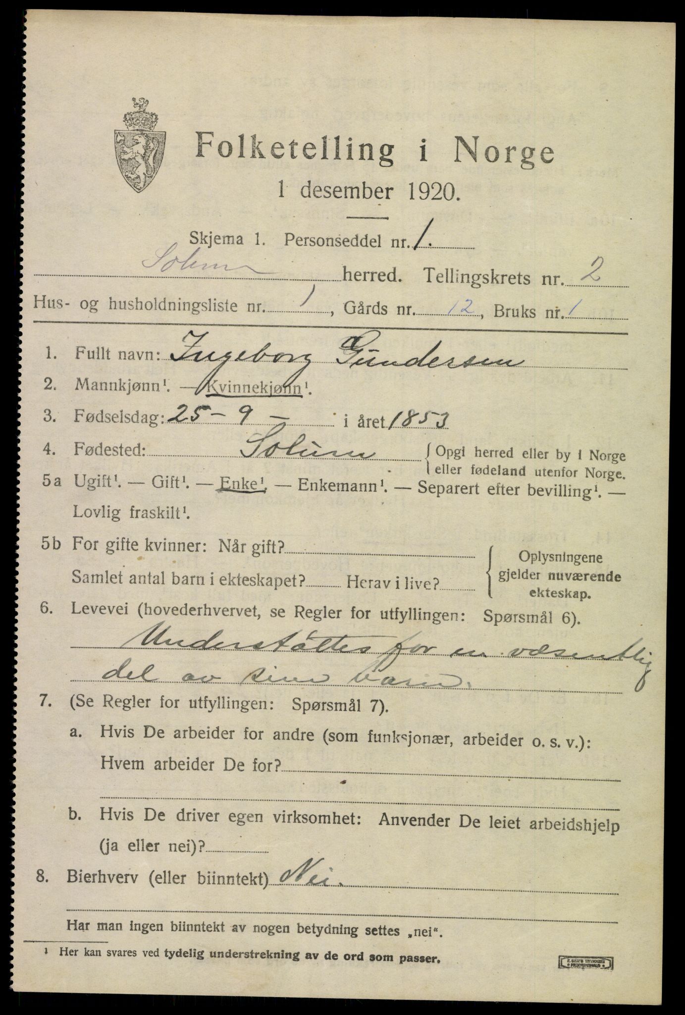 SAKO, 1920 census for Solum, 1920, p. 6992