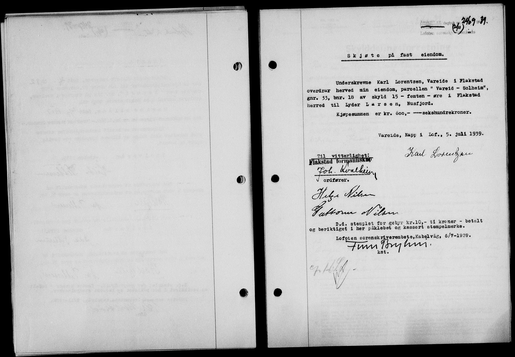 Lofoten sorenskriveri, SAT/A-0017/1/2/2C/L0006a: Mortgage book no. 6a, 1939-1939, Diary no: : 2409/1939