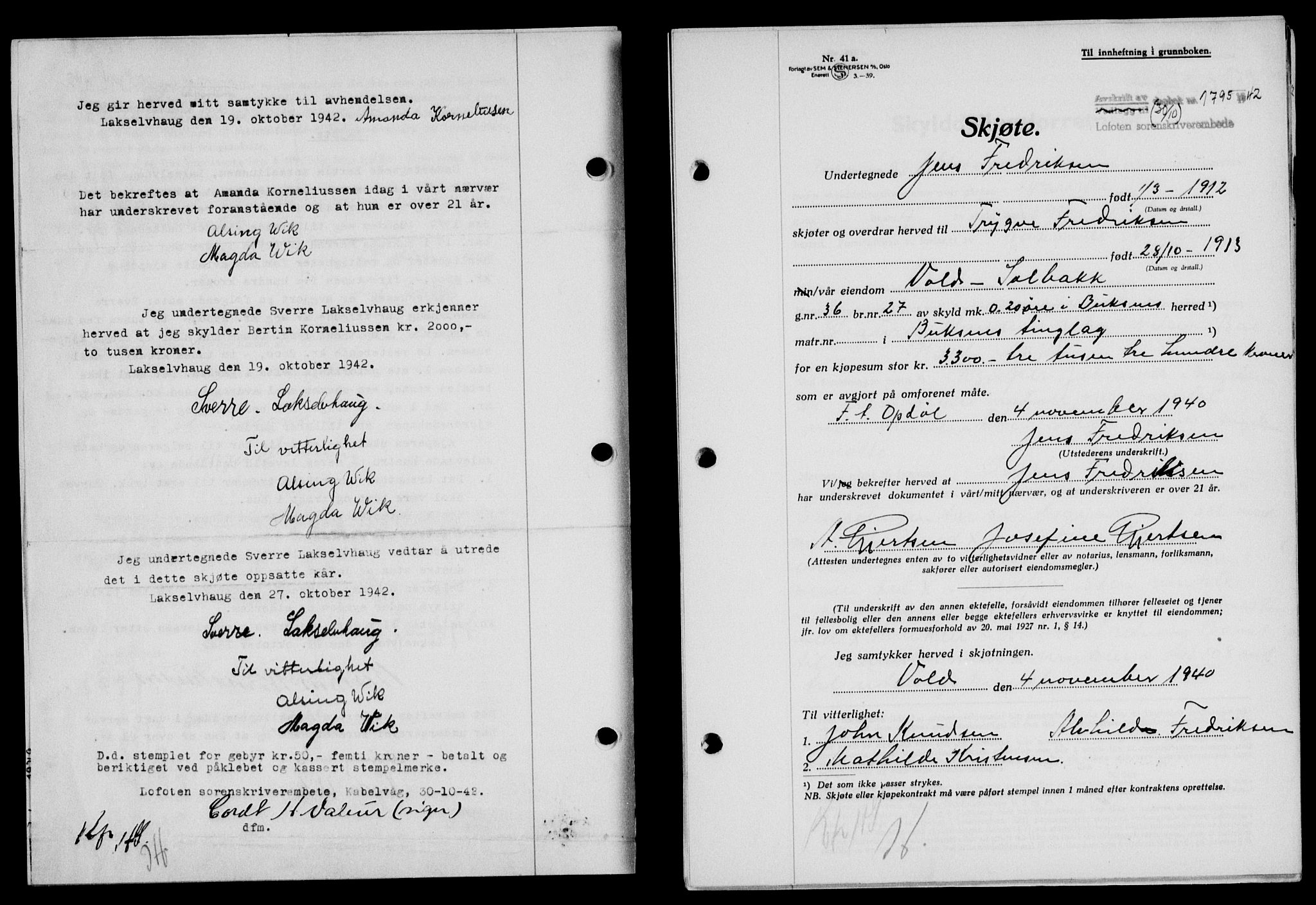 Lofoten sorenskriveri, SAT/A-0017/1/2/2C/L0010a: Mortgage book no. 10a, 1942-1943, Diary no: : 1795/1942