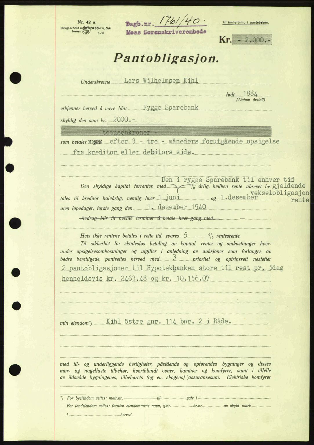 Moss sorenskriveri, SAO/A-10168: Mortgage book no. B10, 1940-1941, Diary no: : 1761/1940