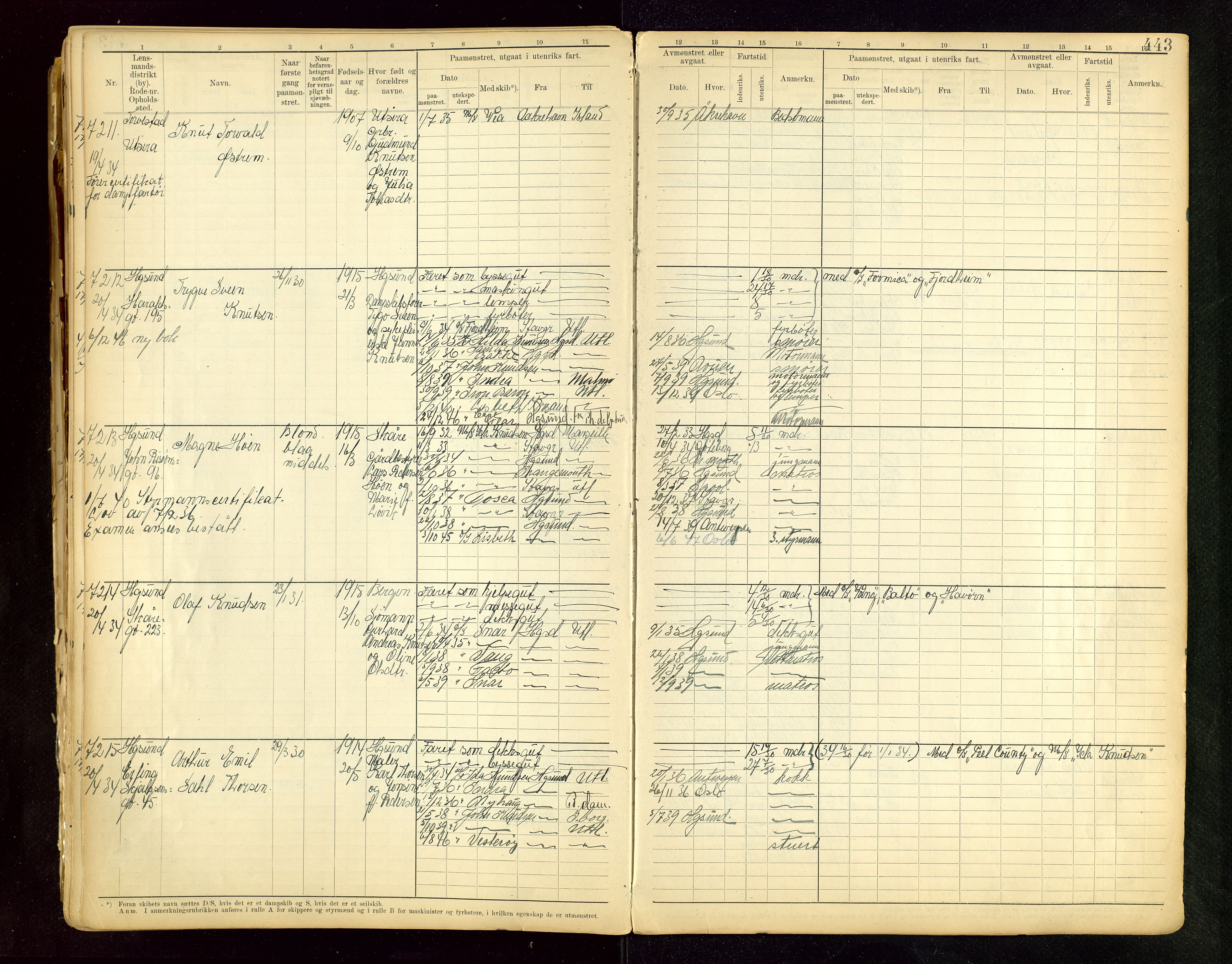 Haugesund sjømannskontor, SAST/A-102007/F/Fb/Fbb/L0015: Sjøfartsrulle A Haugesund krets I nr 5001-8970, 1912-1948, p. 443