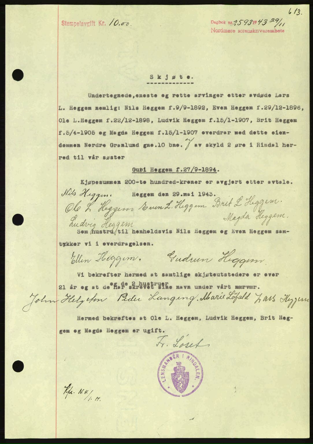 Nordmøre sorenskriveri, SAT/A-4132/1/2/2Ca: Mortgage book no. A96, 1943-1944, Diary no: : 2593/1943