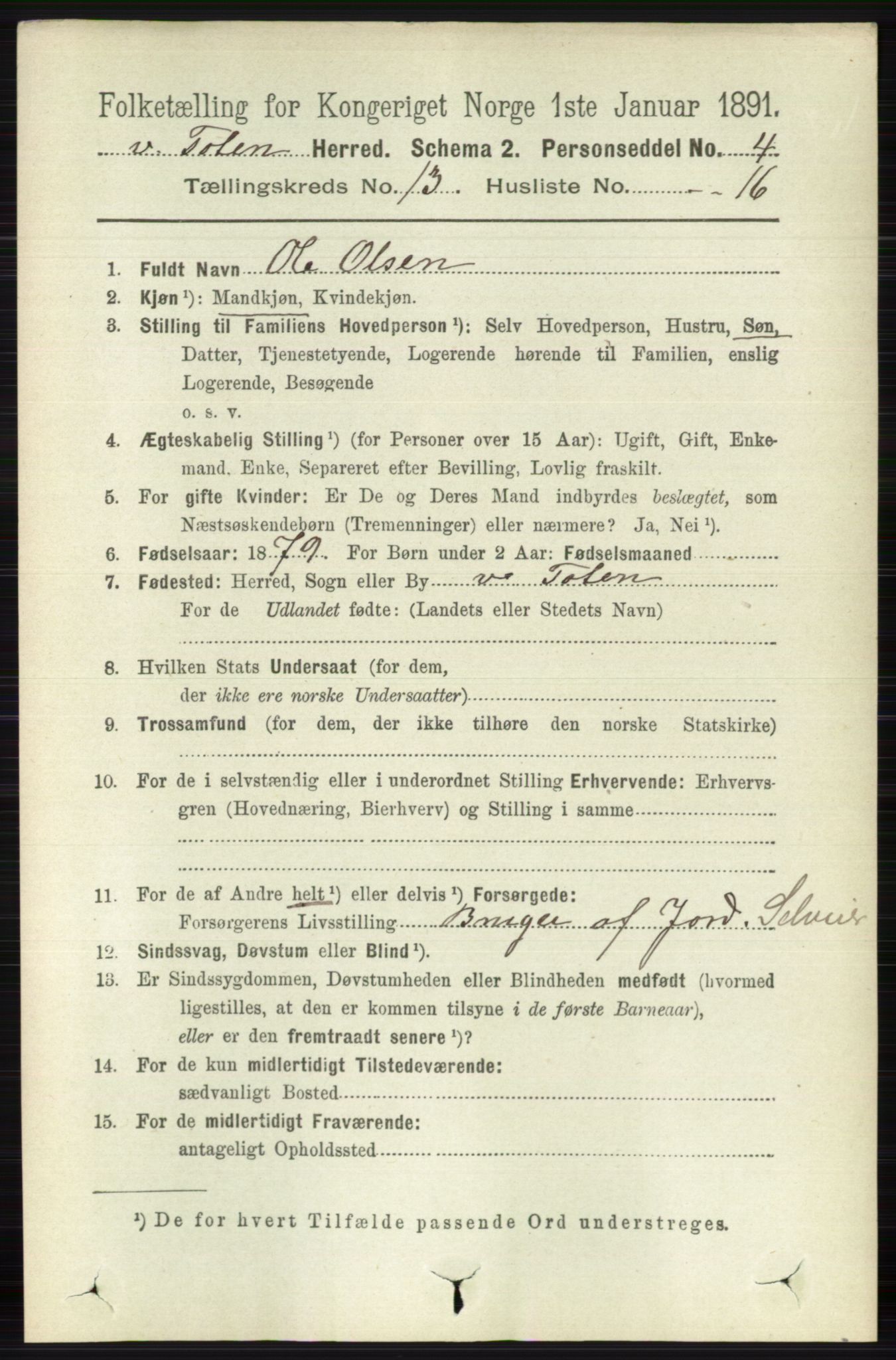 RA, 1891 census for 0529 Vestre Toten, 1891, p. 7886