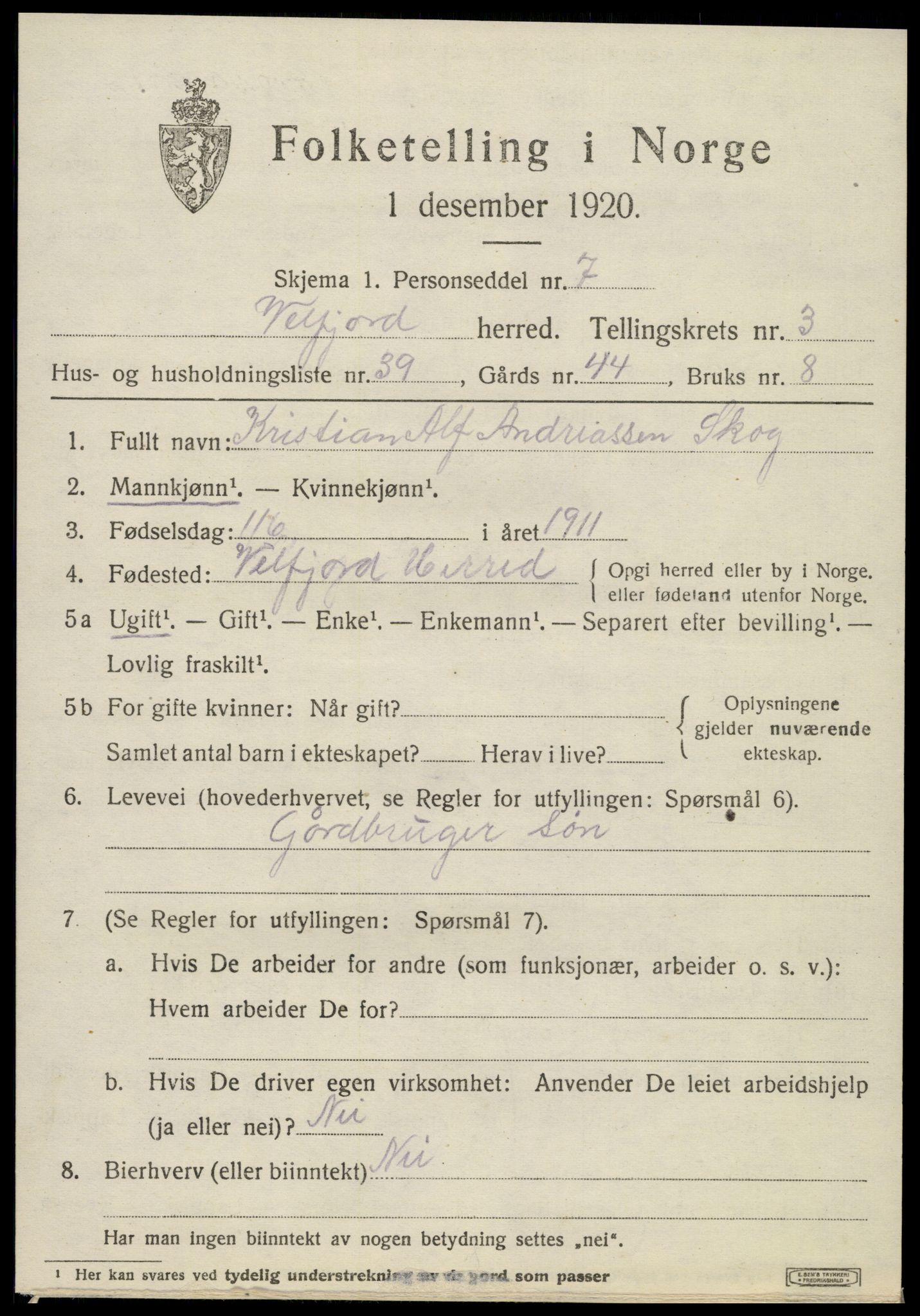 SAT, 1920 census for Velfjord, 1920, p. 2707