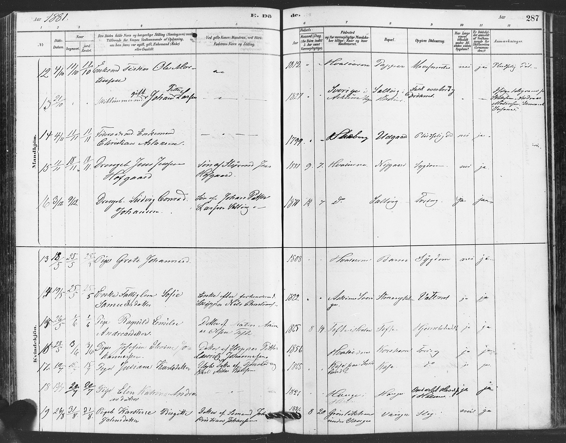 Hvaler prestekontor Kirkebøker, AV/SAO-A-2001/F/Fa/L0008: Parish register (official) no. I 8, 1878-1895, p. 287