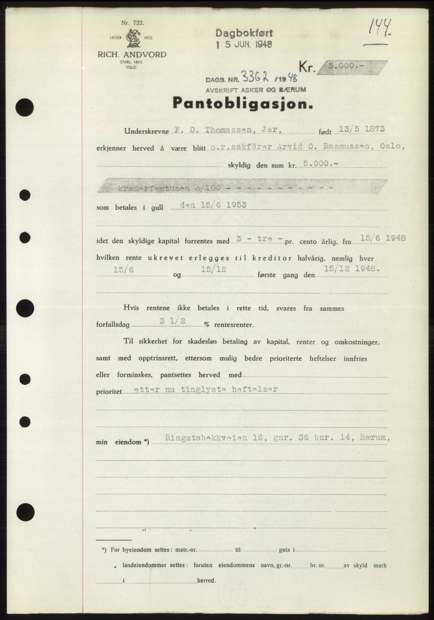 Asker og Bærum sorenskriveri, AV/SAO-A-10379a/G/Gb/Gbb/L0002: Mortgage book no. B87, 1948-1948, Diary no: : 3362/1948