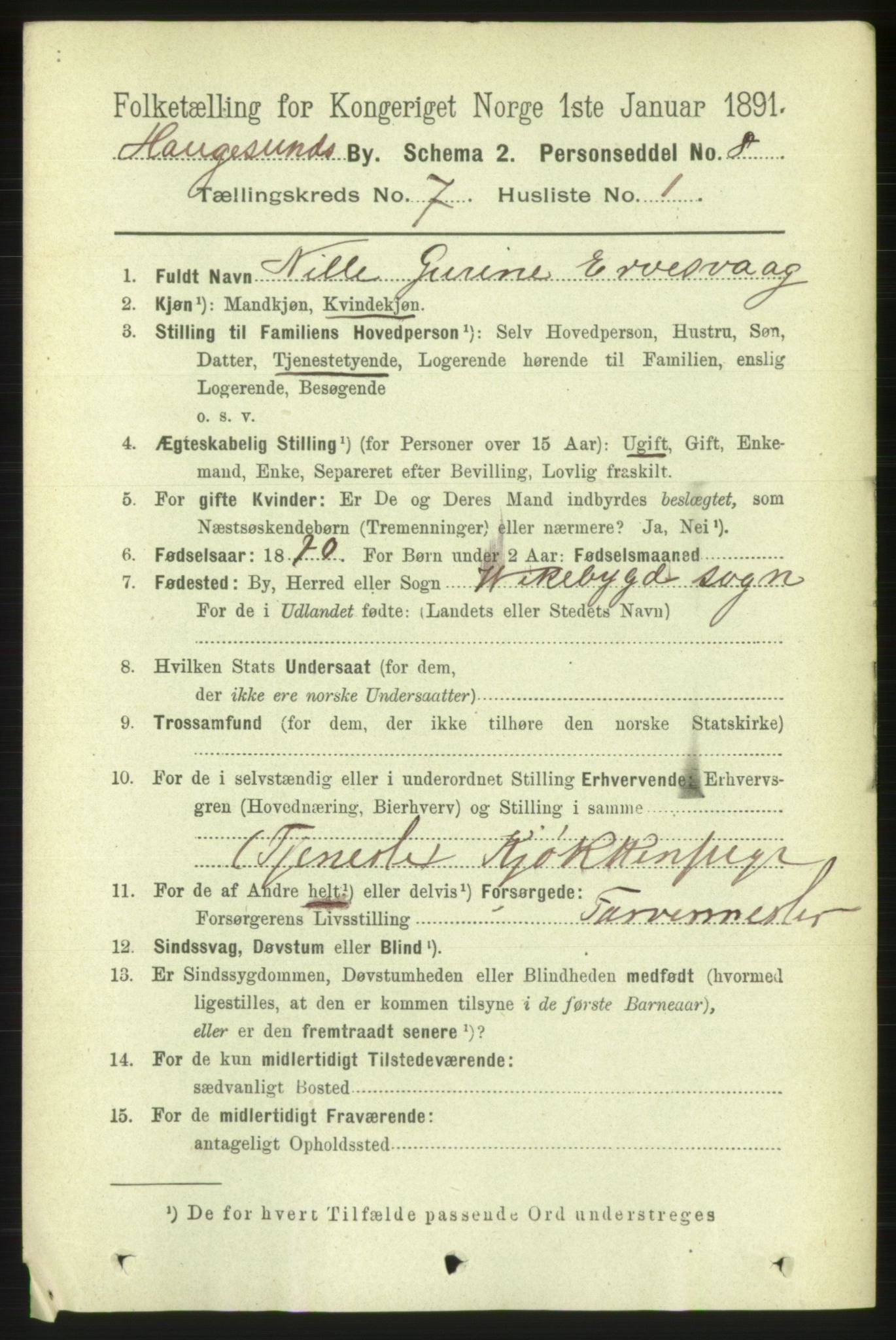 RA, 1891 census for 1106 Haugesund, 1891, p. 3083