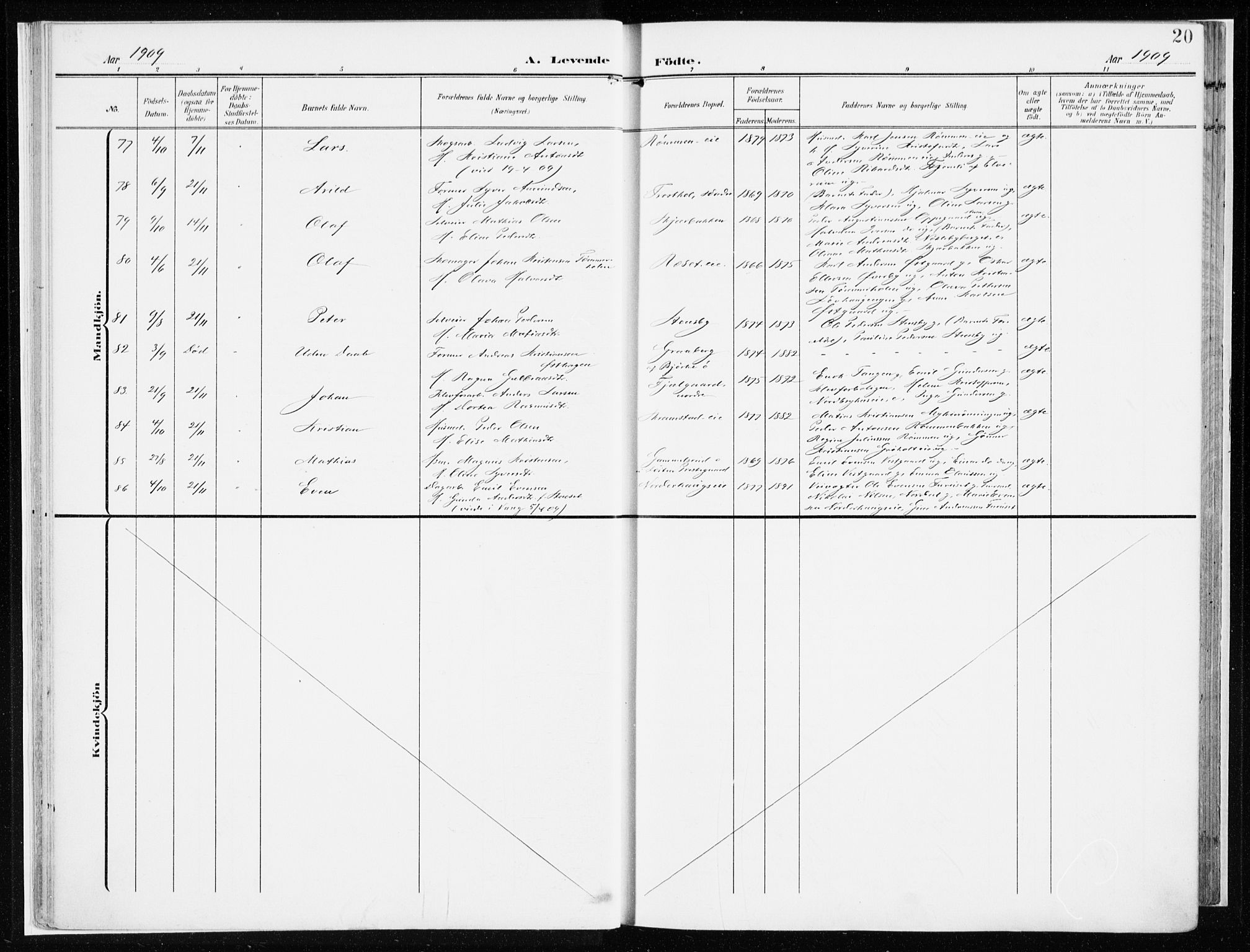 Løten prestekontor, AV/SAH-PREST-022/K/Ka/L0011: Parish register (official) no. 11, 1908-1917, p. 20