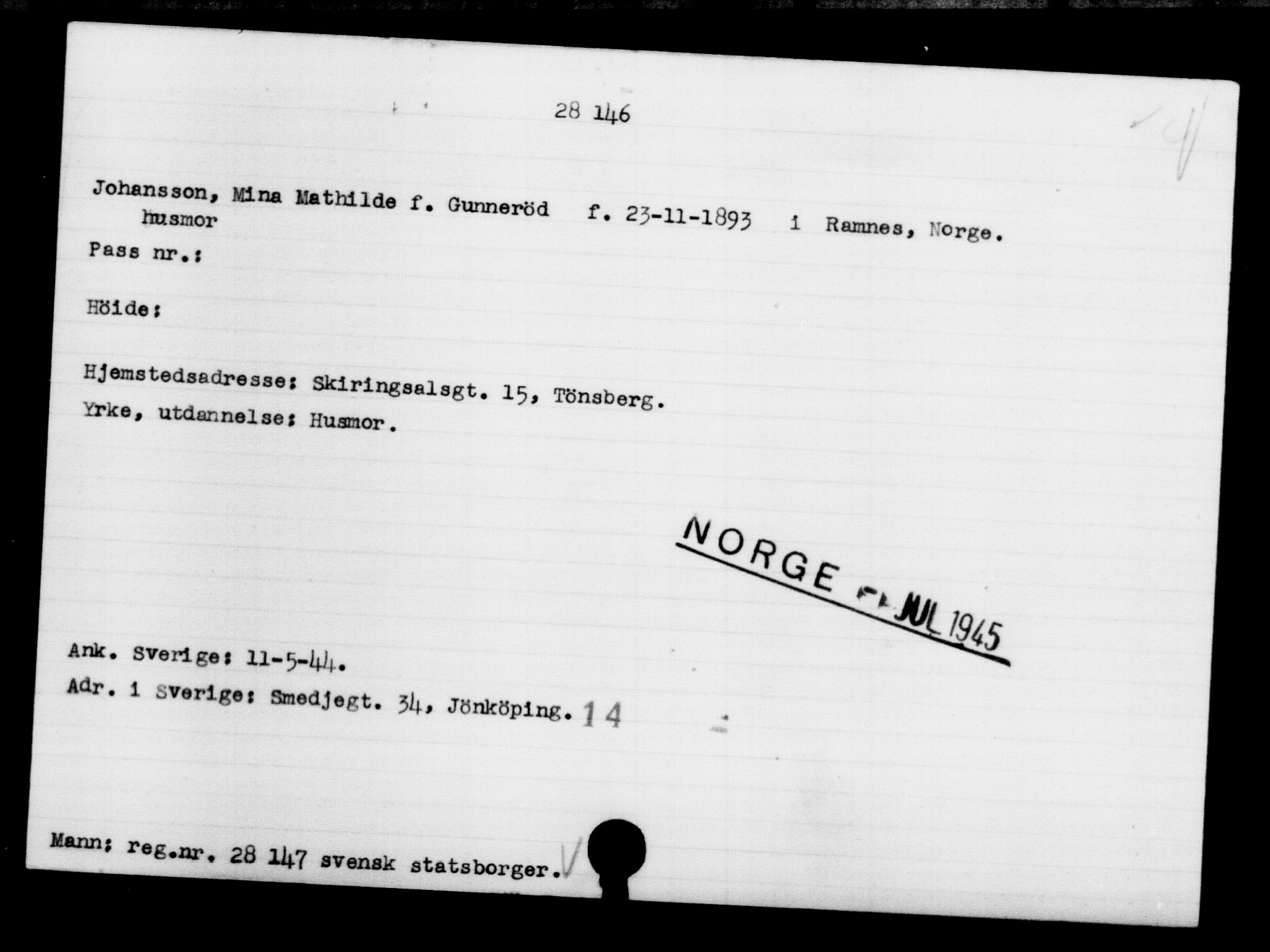 Den Kgl. Norske Legasjons Flyktningskontor, AV/RA-S-6753/V/Va/L0011: Kjesäterkartoteket.  Flyktningenr. 25300-28349, 1940-1945, p. 3029