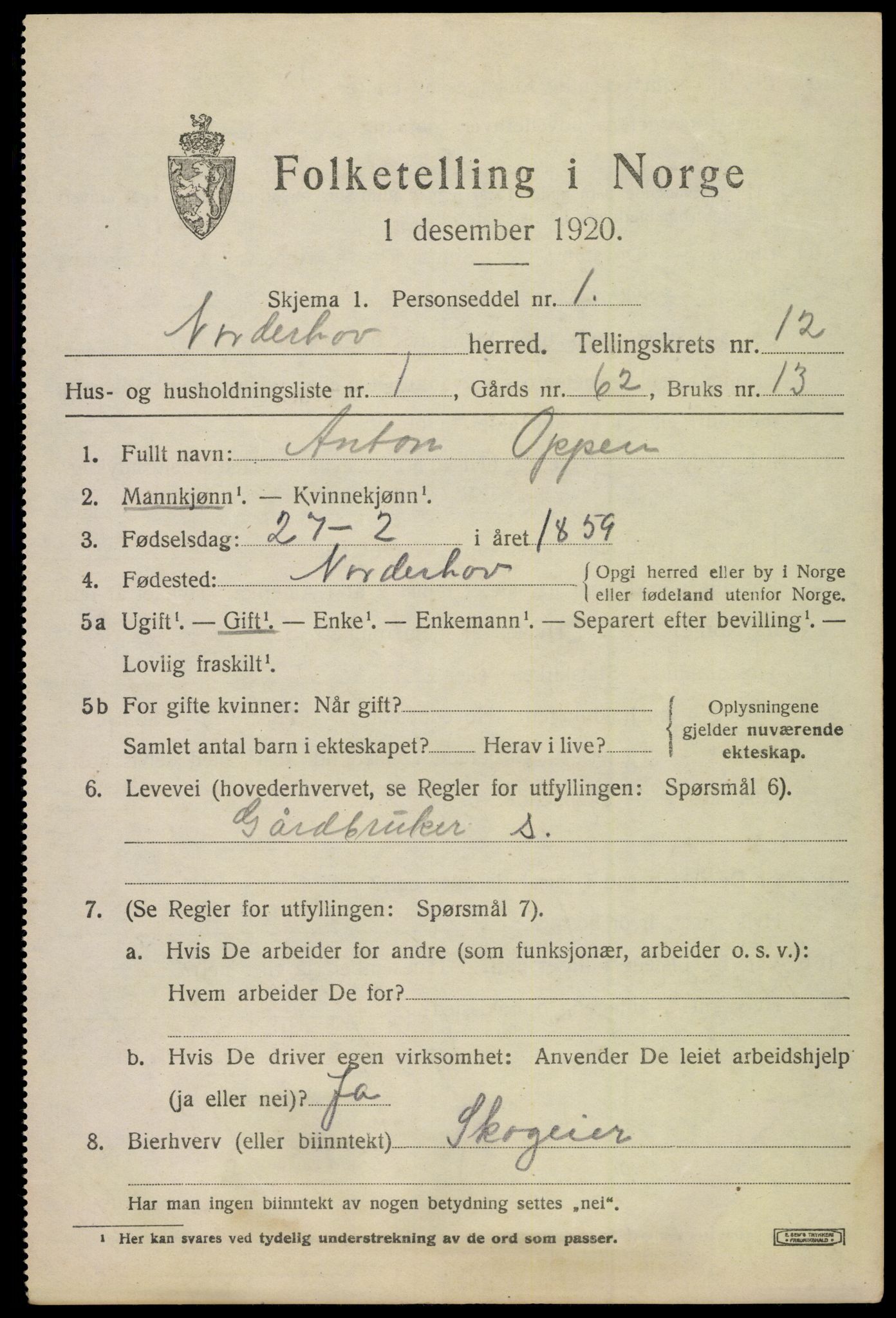 SAKO, 1920 census for Norderhov, 1920, p. 13650