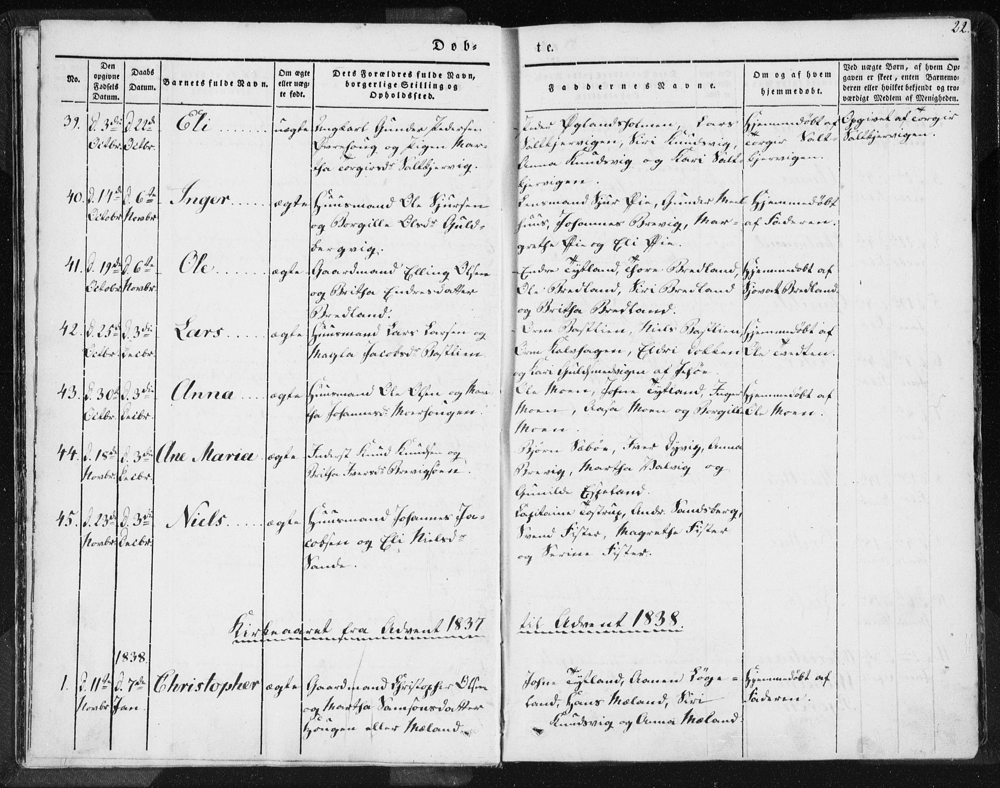 Hjelmeland sokneprestkontor, AV/SAST-A-101843/01/IV/L0006: Parish register (official) no. A 6, 1834-1845, p. 22