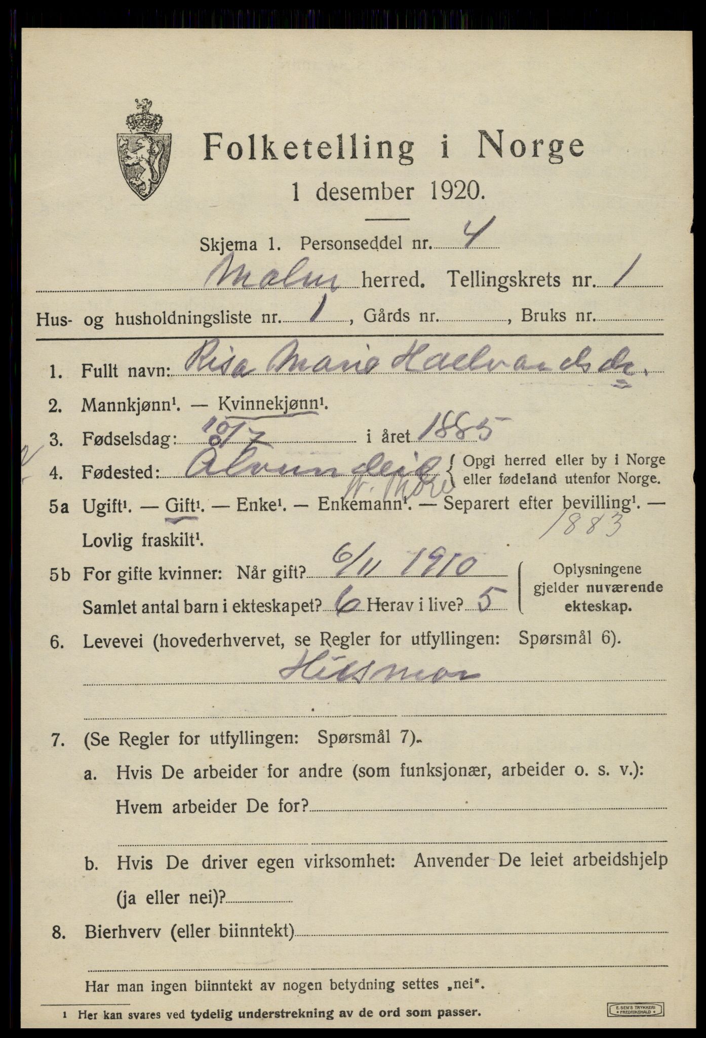 SAT, 1920 census for Malm, 1920, p. 379