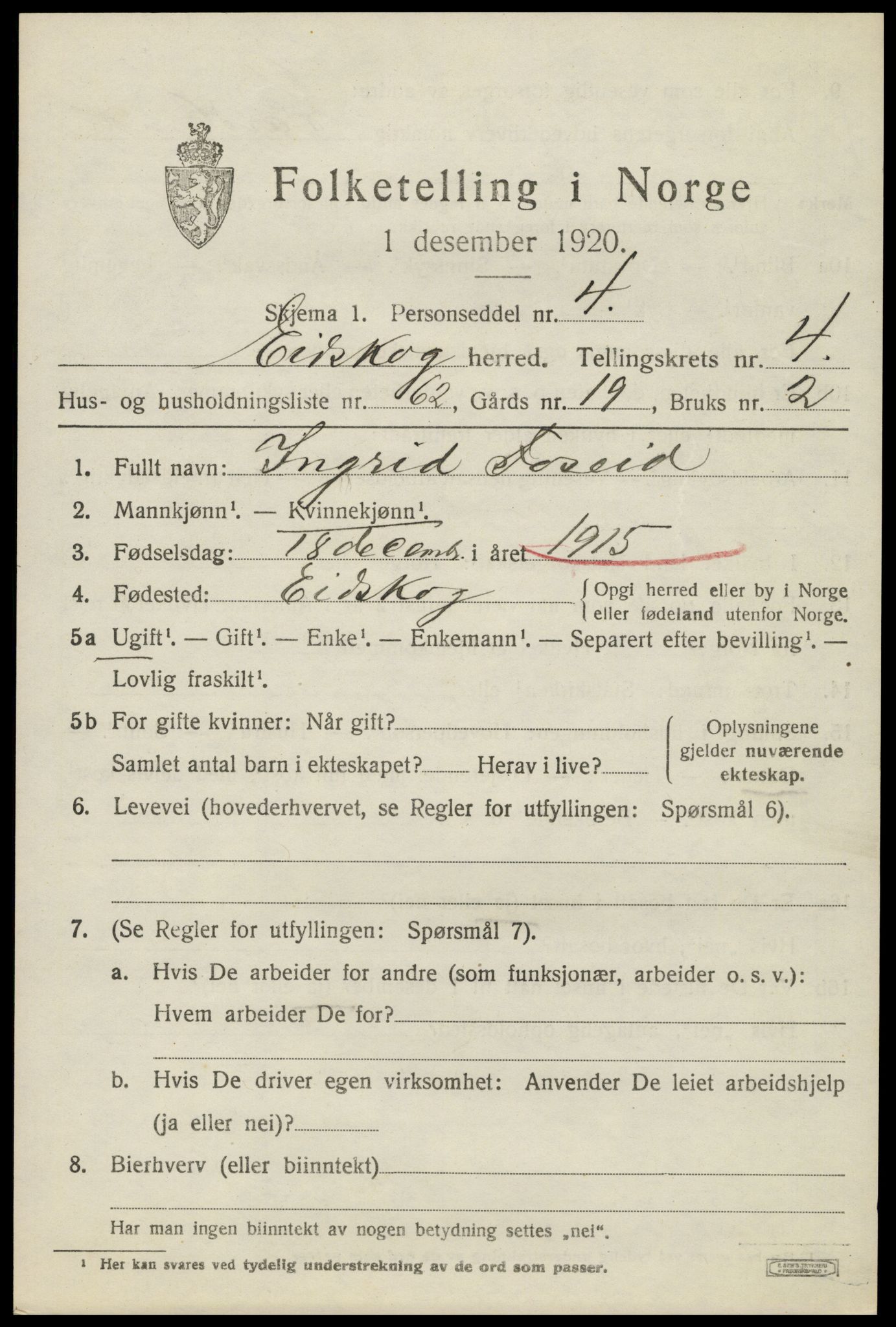 SAH, 1920 census for Eidskog, 1920, p. 5479