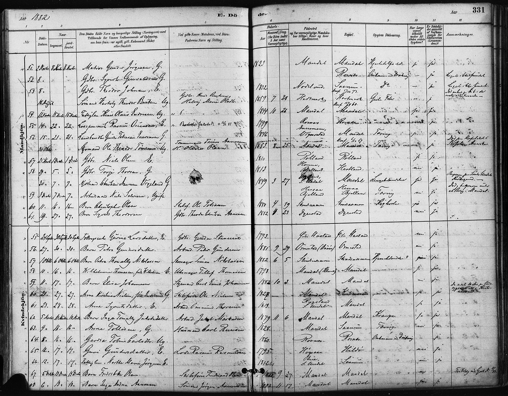 Mandal sokneprestkontor, SAK/1111-0030/F/Fa/Faa/L0016: Parish register (official) no. A 16, 1880-1890, p. 331